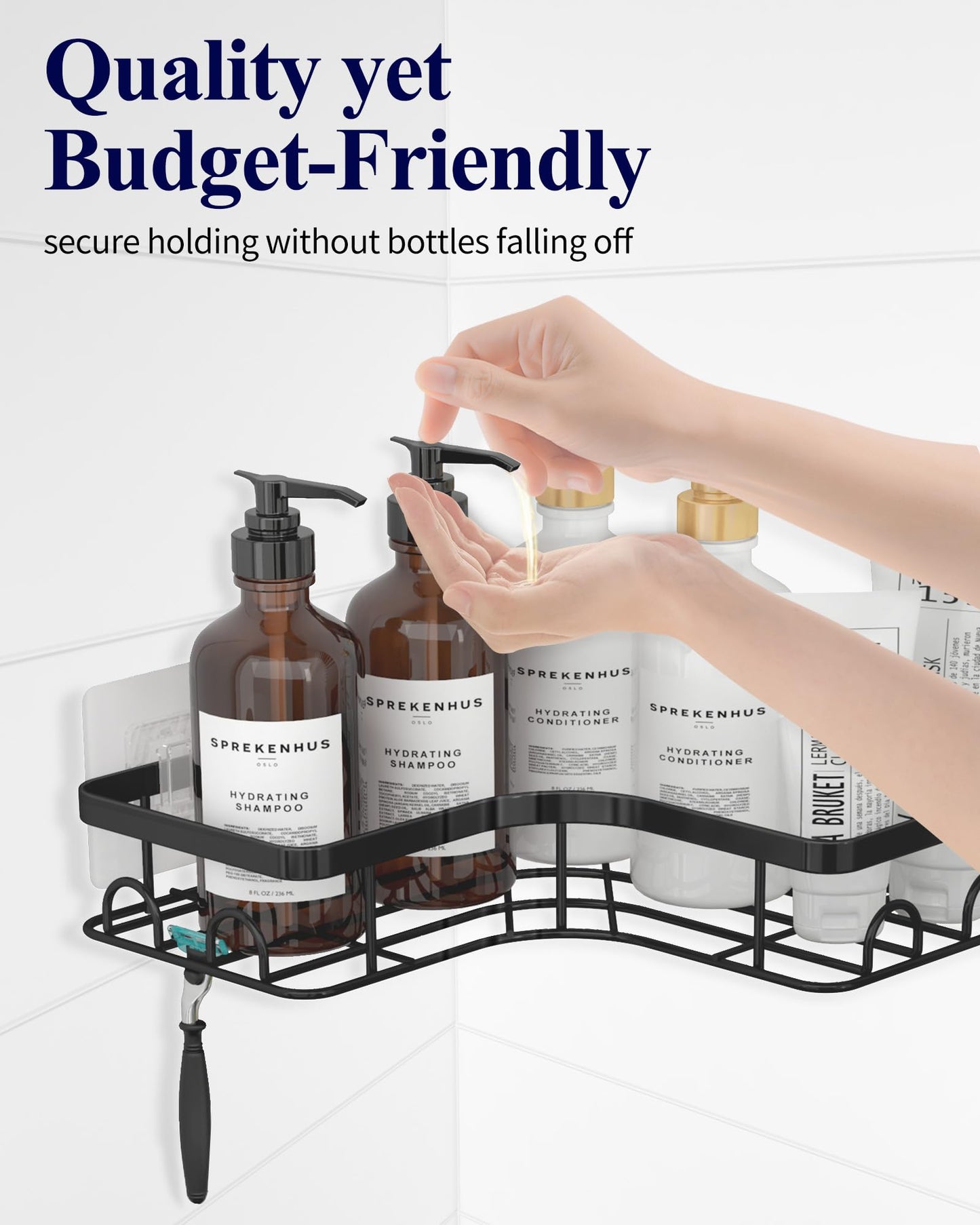 Kitsure Corner Shower Caddy, Rustproof Adhesive Shelf, Large, Black