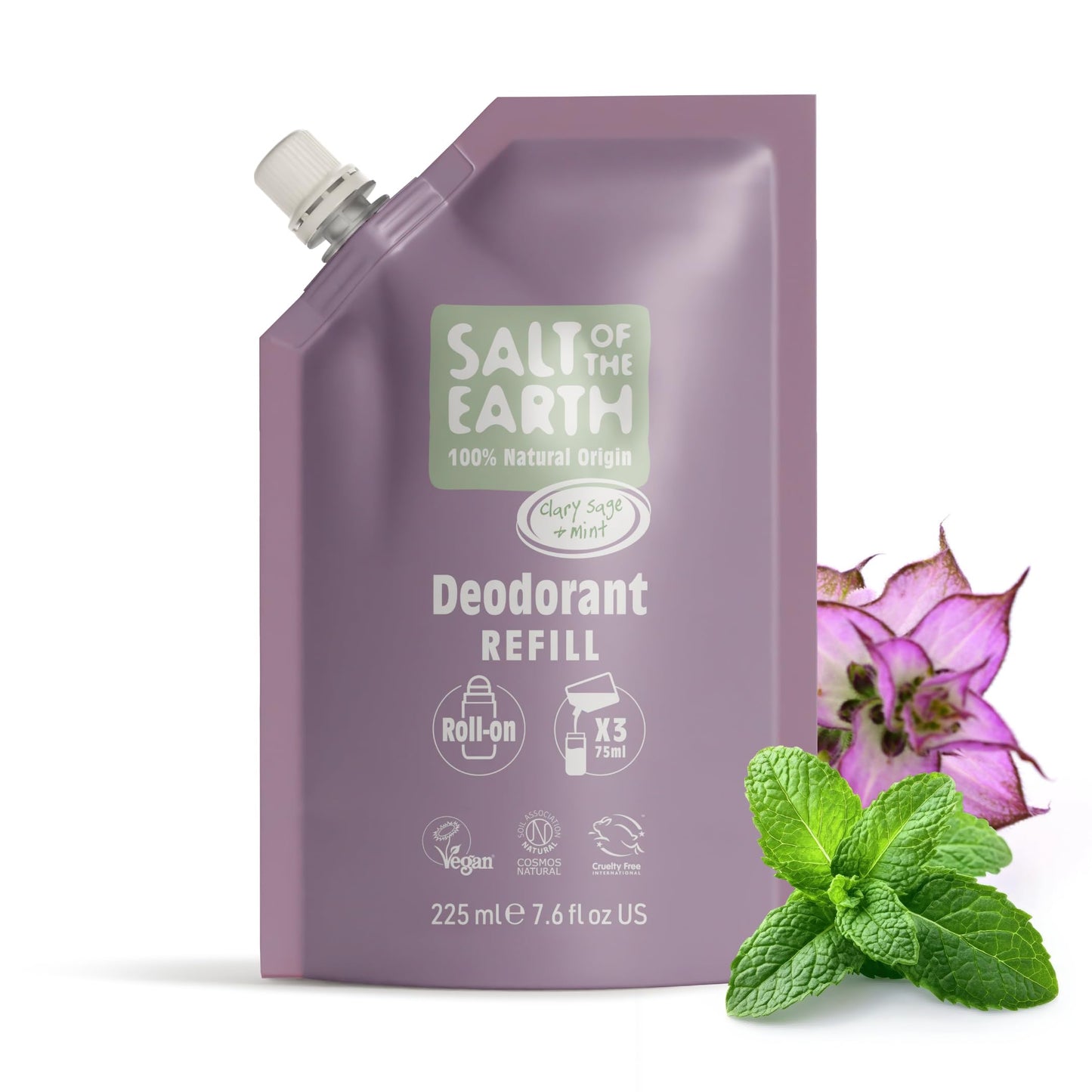 Salt of the Earth - Natural Deodorant Roll On Refill Pouch, x3 Uses - Clary Sage & Mint - Vegan, Long Lasting Protection, Leaping Bunny Approved, Made