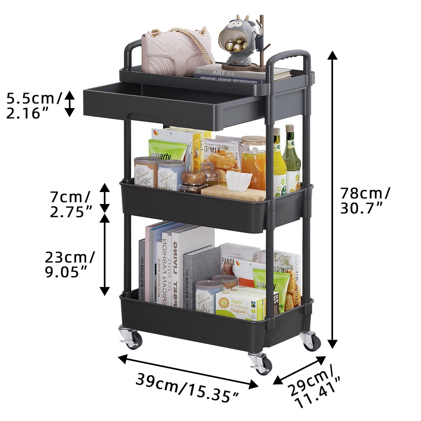 Wuciray Beauty Trolley on Wheels 3 Tier Storage Trolley with Drawer Plastic Beauty Trolleys Rolling Utility Cart for Home Kitchen Bathroom Laundry