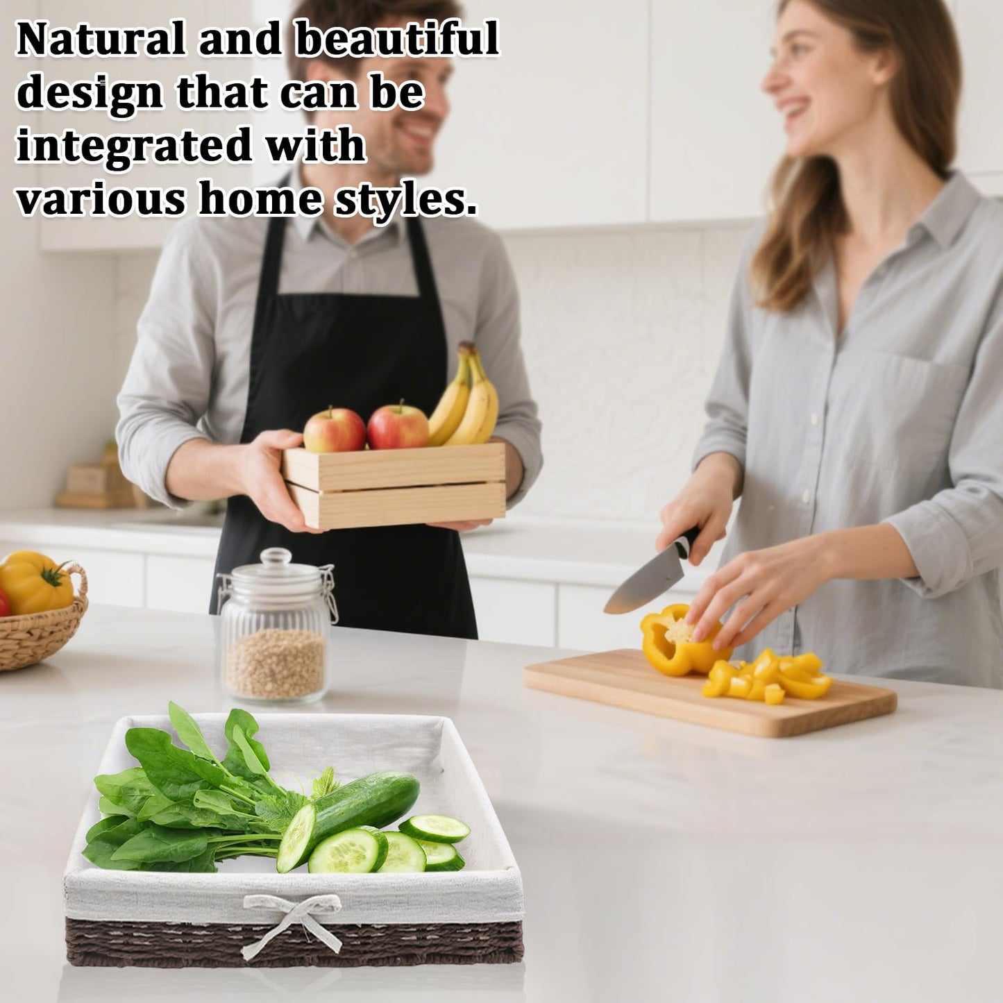 YedZen Set of 4 Natural Paper Rope Storage Baskets with Removable Lining and Metal Frame, Woven Hamper Wicker Baskets for Bathroom Shelves, Desk