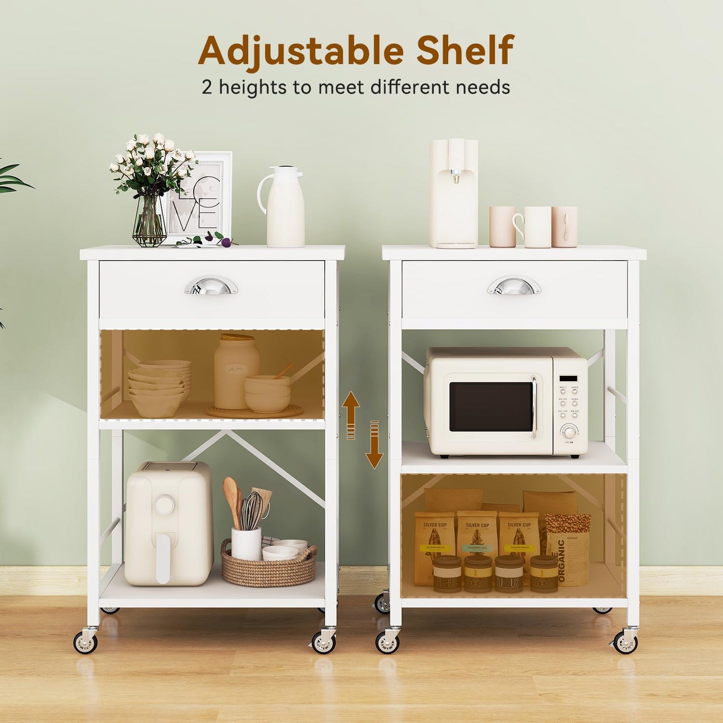 IBUYKE Kitchen Bakers Rack with Drawers,3-Tier Microwave Oven Stand with Storage, Coffee Bar Table with Wheels,Adjustable Shelf,Simple Assembly,White