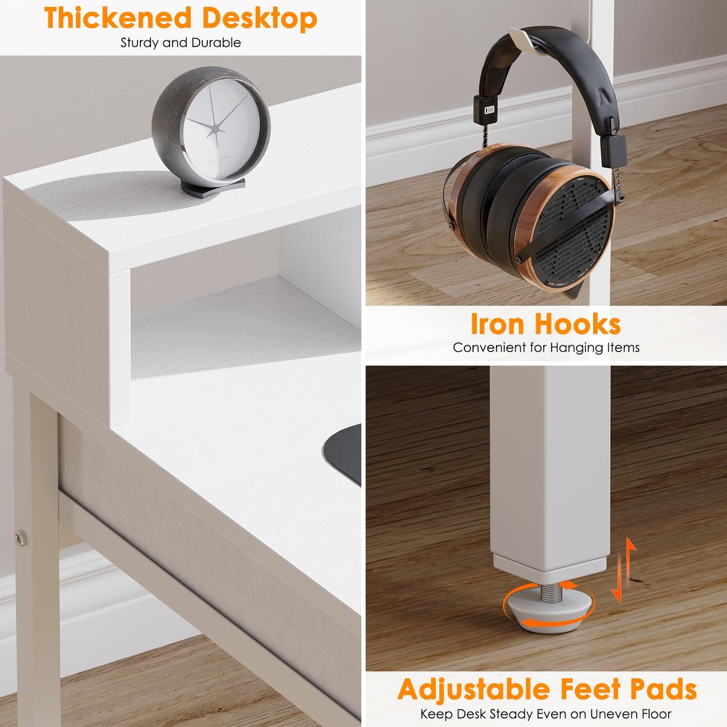 Feonase Ergonomic Computer Desk with Monitor Riser, 2 Under-Desk Drawers, CPU Stand & Hook – MDF Desktop for Home Office