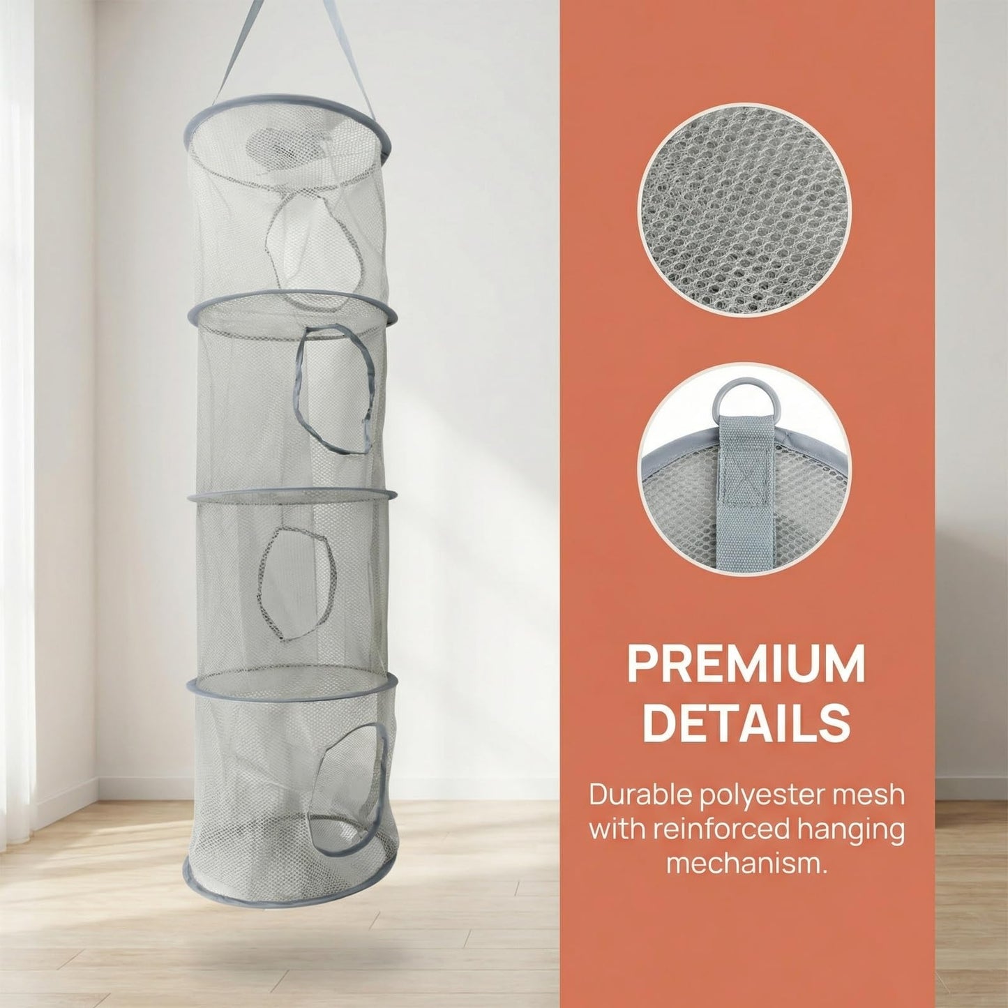 FooYee Hanging Mesh Storage Net, 4 Tier Collapsible Network Storage, Space Save Bags Organizer, Polyester Hanging Mesh Storage Basket for Cuddly Toys