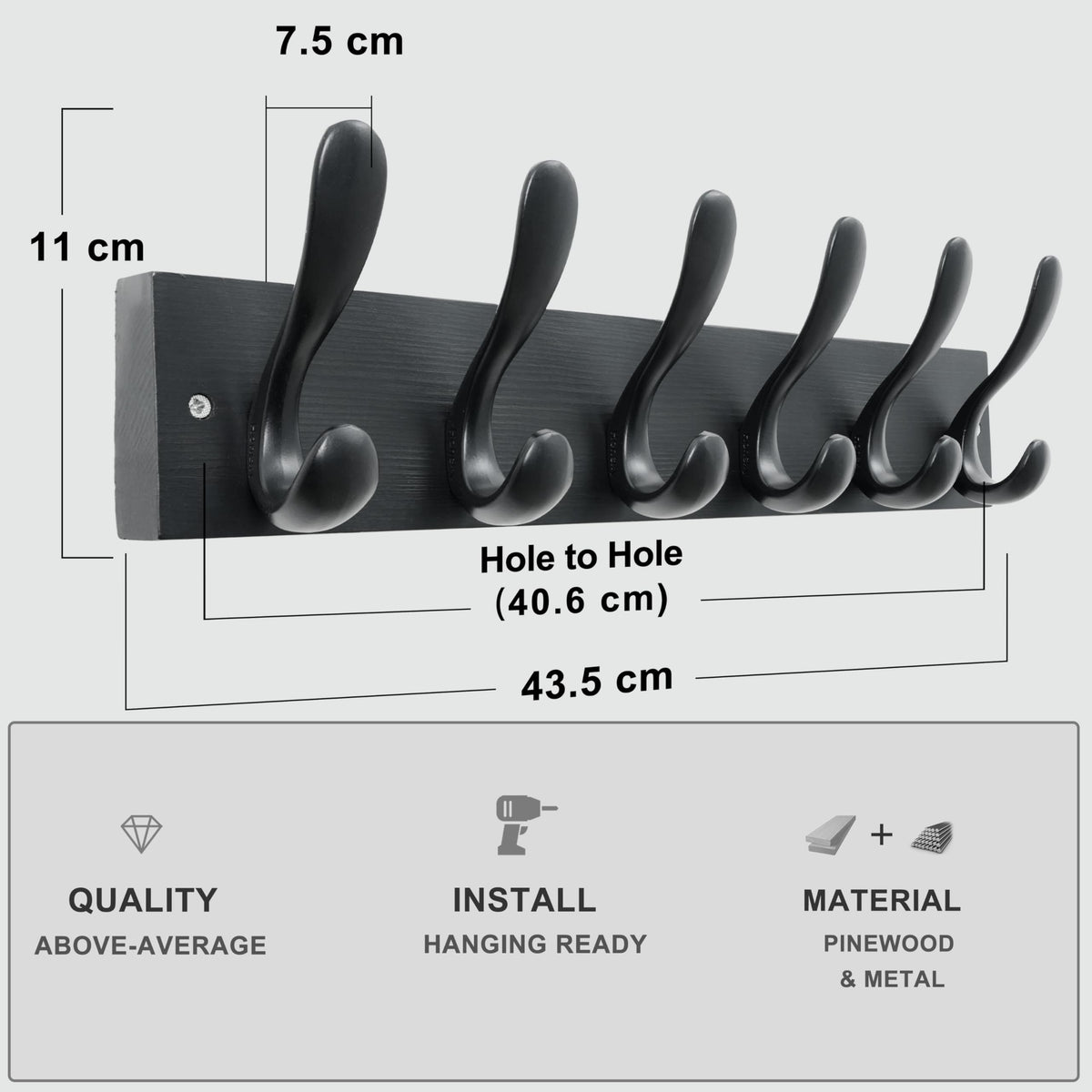 HONSKY Wall Coat Rack, 43cm Wooden Coat Hanger with 6 Double Hooks,Wall Coat Hook,Towel Rack Hanging Coat,Towel,Bag for Entryway, Hallway, Bedroom