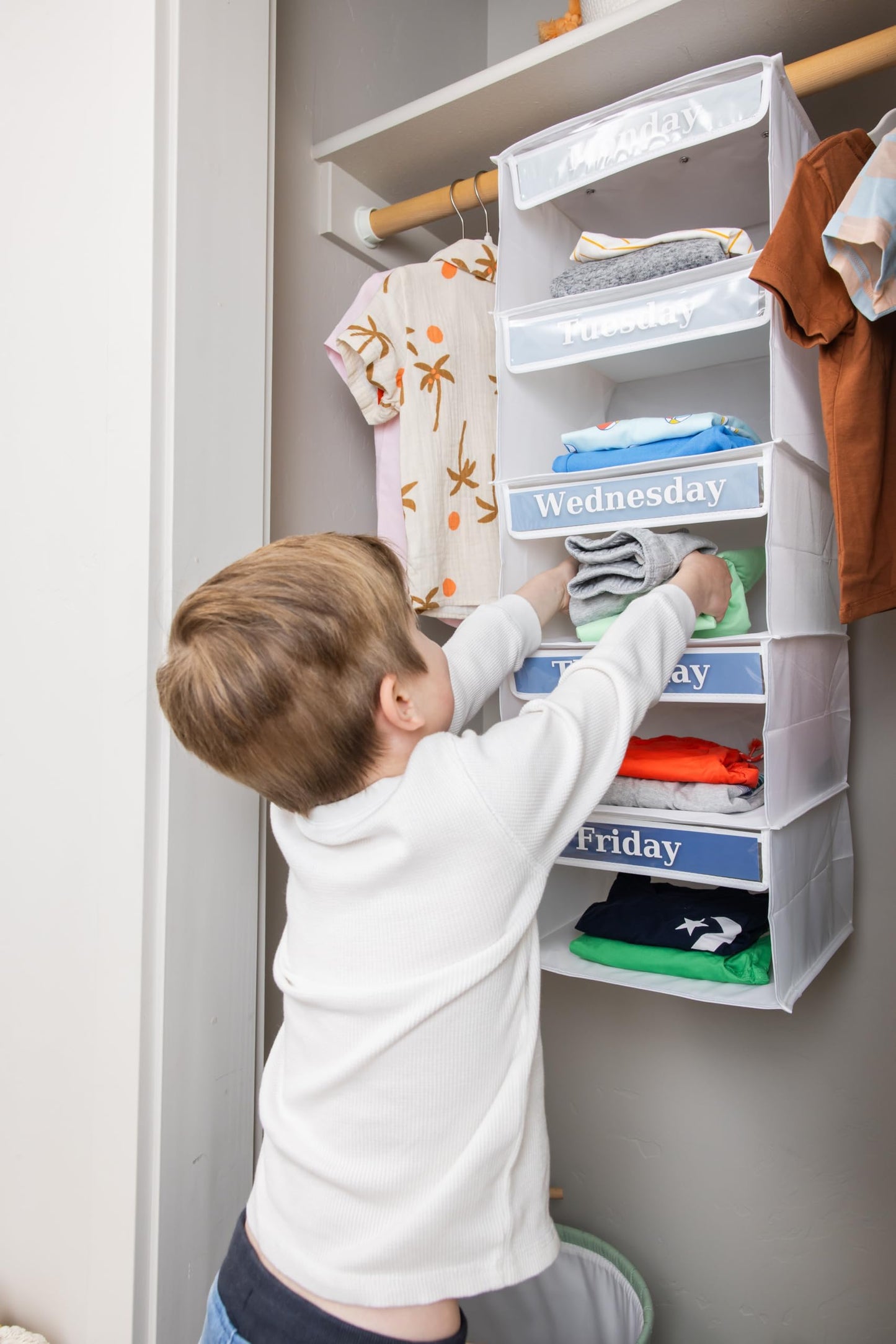 Three Sweet Peas Co 5-Shelf Weekly Clothes Organizer for Kids (33”) Weekday I School Day of The Week Monday Through Friday Organizer, White