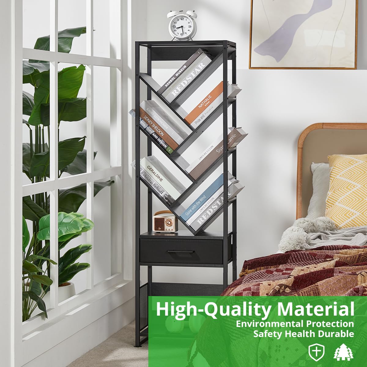 ruboka Tree Bookshelf with Side Table, Tall Bookcase with Storage Cabinet, Floor Standing Modern Narrow Bookshelves Organizer for Bedroom/Living