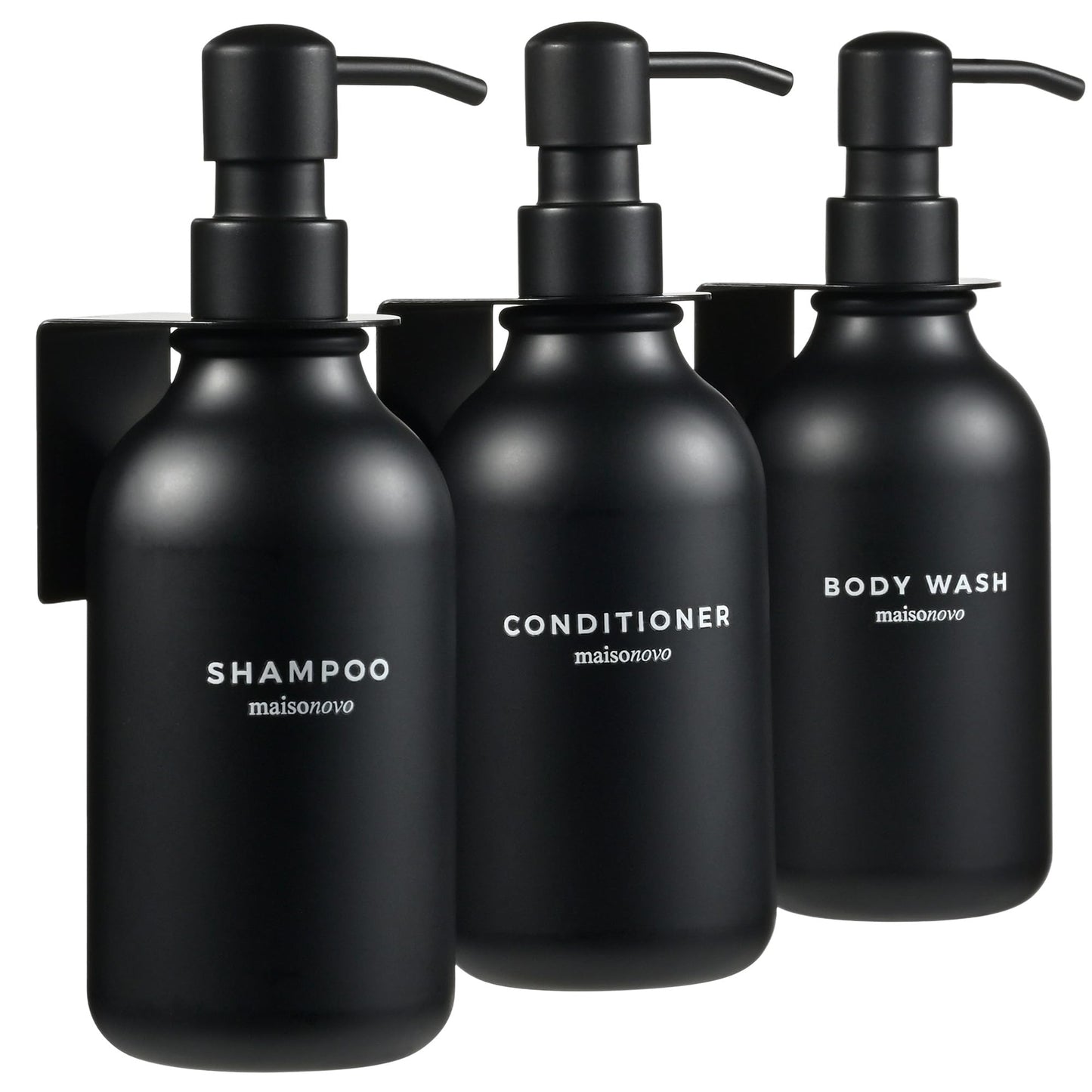 MaisoNovo Shampoo and Conditioner Dispenser - Set of 3 Shower Soap Dispensers Wall Mounted - 500ml Black Plastic Bottles with Black Pump - No Drill