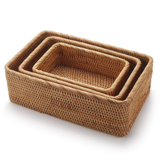 Rectangular Rattan Storage Baskets Stackable Woven Wicker Box Key Holder for Kitchen Cupboards Shelf Natural Set of 3