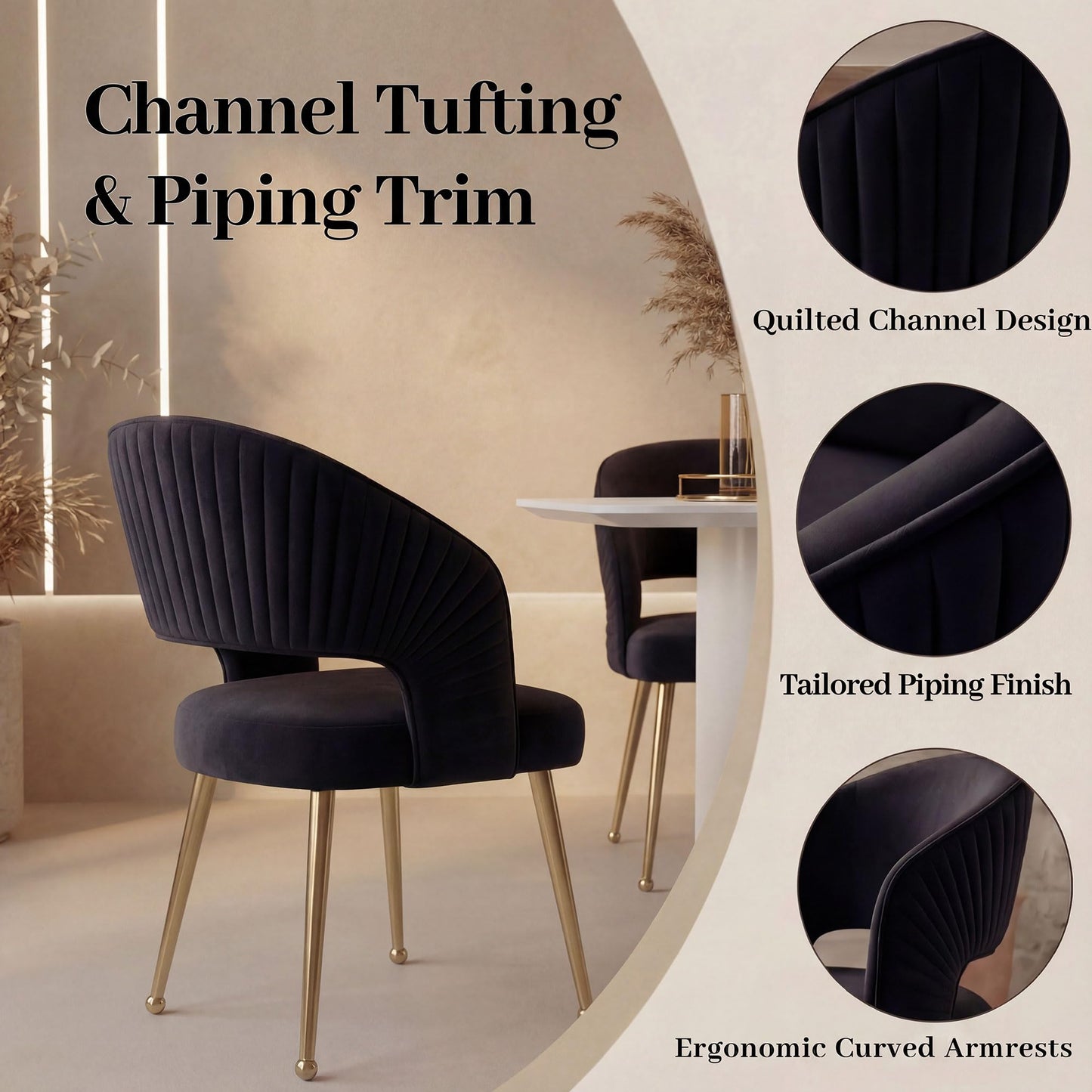 younturn Modern Velvet Upholstered Dining Chairs Set of 2, Comfortable Padded Kitchen Chairs with Armrests