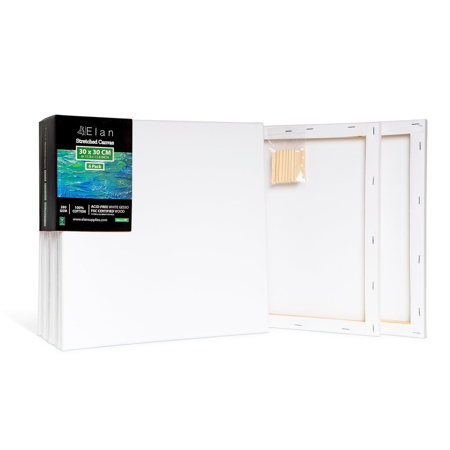 Elan Stretched Canvases 30x30 CM, 6-Pack Art Canvases for Painting 280 GSM, Triple Primed Stretched Canvas for Painting, Small Canvas 30x30 CM