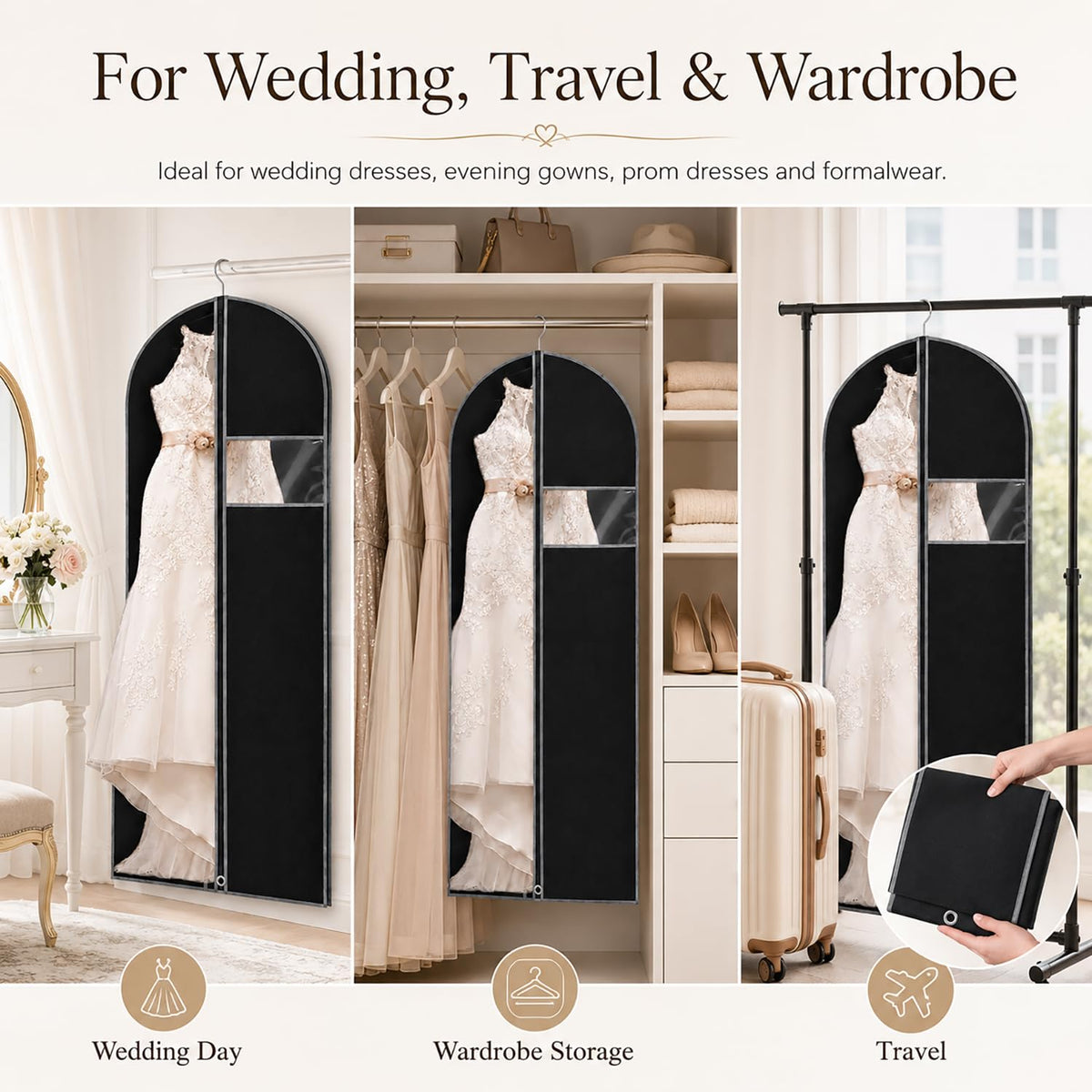 Dress Bag Covers Long, URMI Breathable 60 x 183cm 3 PCS Hanging Wedding Dress Bridesmaid Dress Bags for Gowns Prom Bridal Garment Bags with Clear