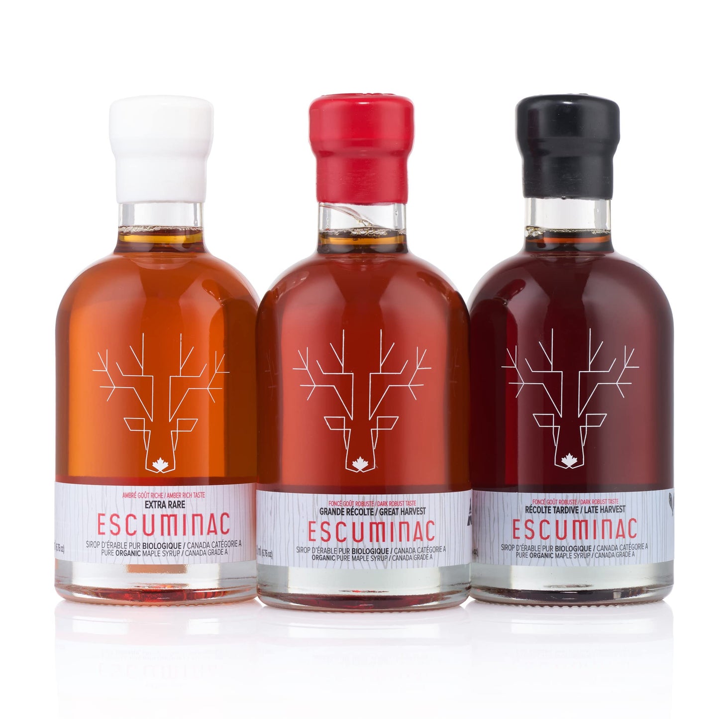 Escuminac Maple Syrup, Trio ? Amber, Medium, and Dark Harvests, Certified Organic, Single Origin from Canada ? 3 x 200 ml Glass Bottles