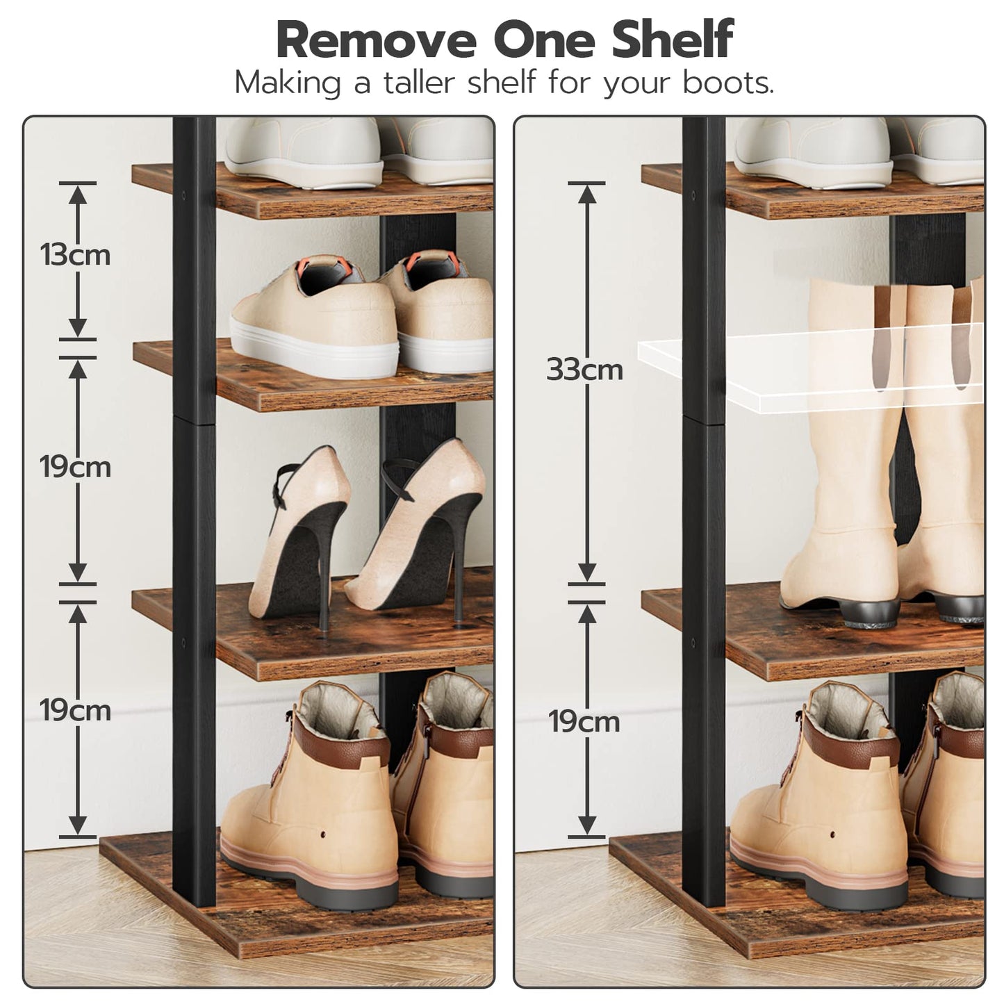 HOOBRO Shoe Rack Wooden, Tall Shoe Rack, Narrow Shoe Storage Organizer with 2 Hooks, Slim Narrow Shelf, Vertical Tower for Entrance, Living Room