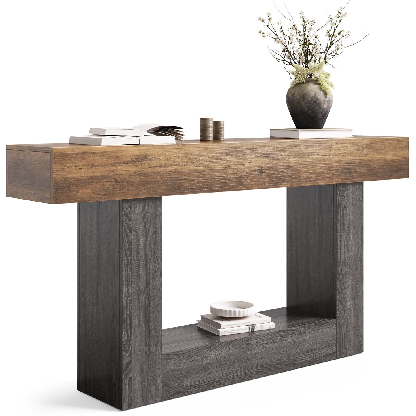 LITTLE TREE 63 Inches Long Console Table, 2-Tier Farmhouse Sofa Table Behind Couch, Large Narrow Entryway Table for Living Room