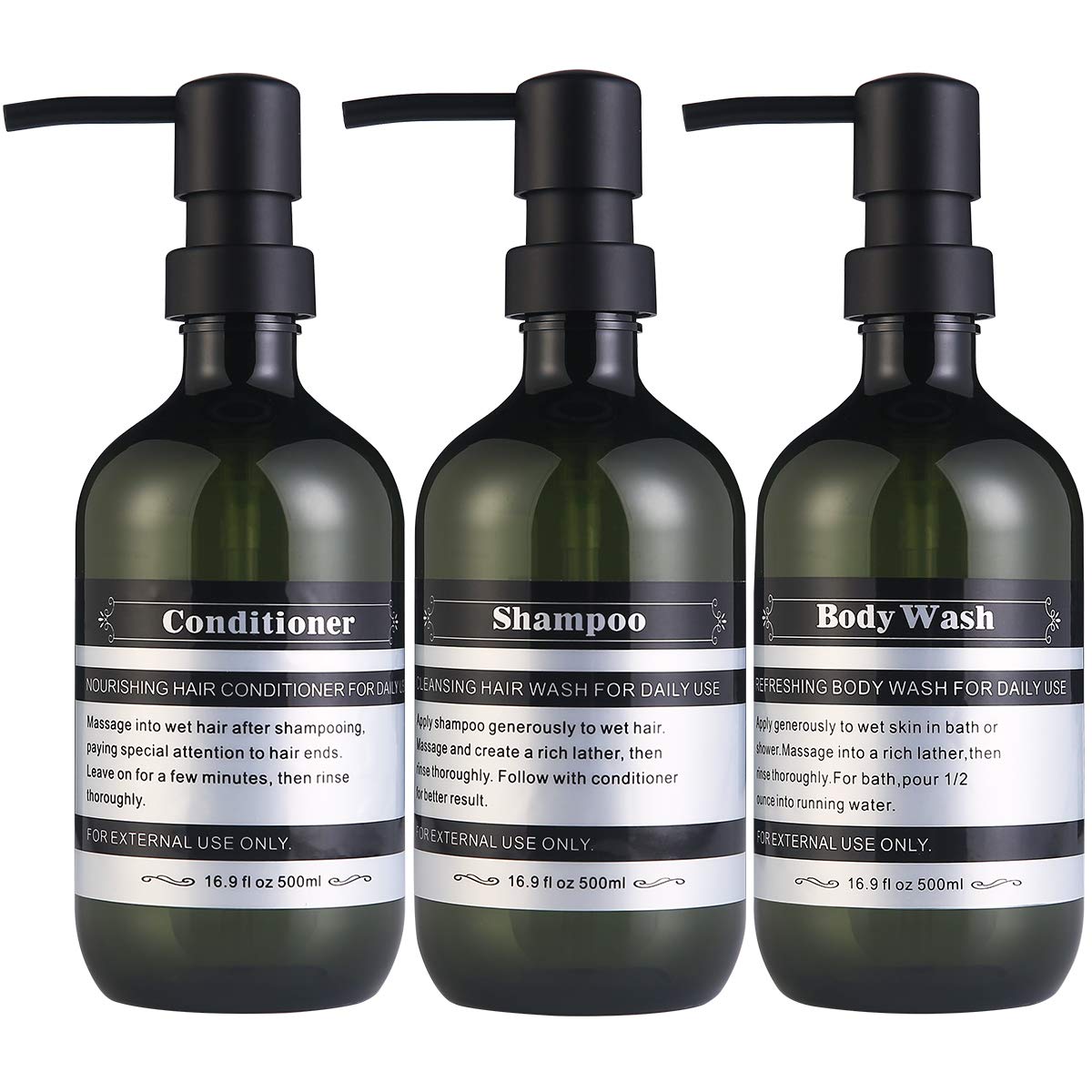SOOKDEO Bathroom Dispenser Refillable Bottles for Shampoo Conditioner Hand Dish Soap Lotion Oil Shower Soap with Pump & Waterproof Label, 500ml, 3