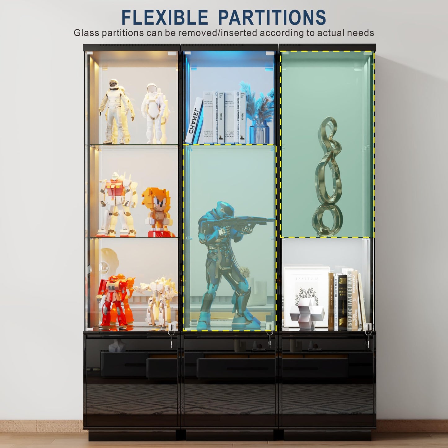 Gurexl Display Cabinets with Lockable and Glass Doors for Living Room,Black