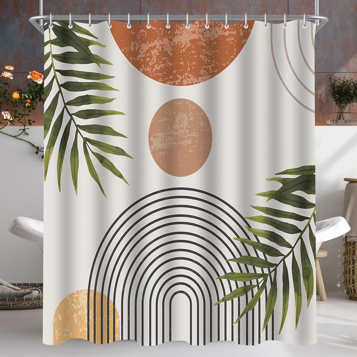 Lerores Shower Curtain 180 x 160 cm Leaves Line, Weighted Hem, Anti-Mould Textile, Water-Repellent, Washable Polyester Fabric Bath Curtains with 12