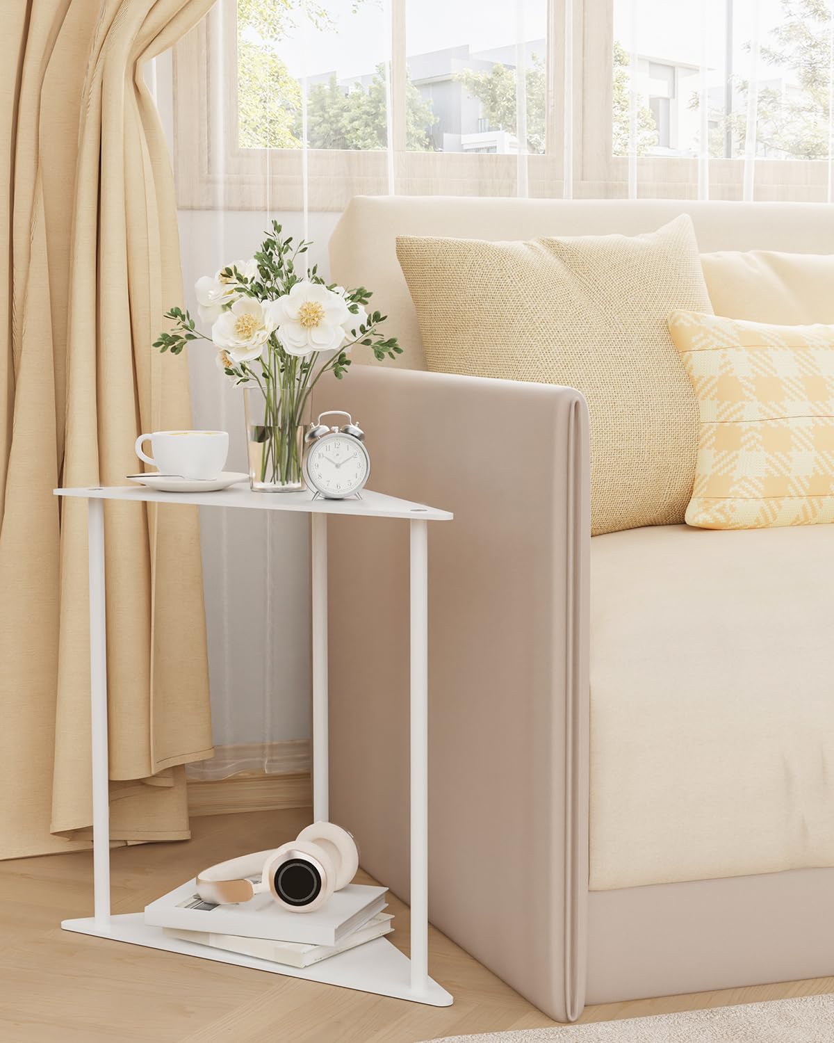 Yawinhe Triangle Metal Side Table,2-Tier Small Corner Table,White,2 Pack
