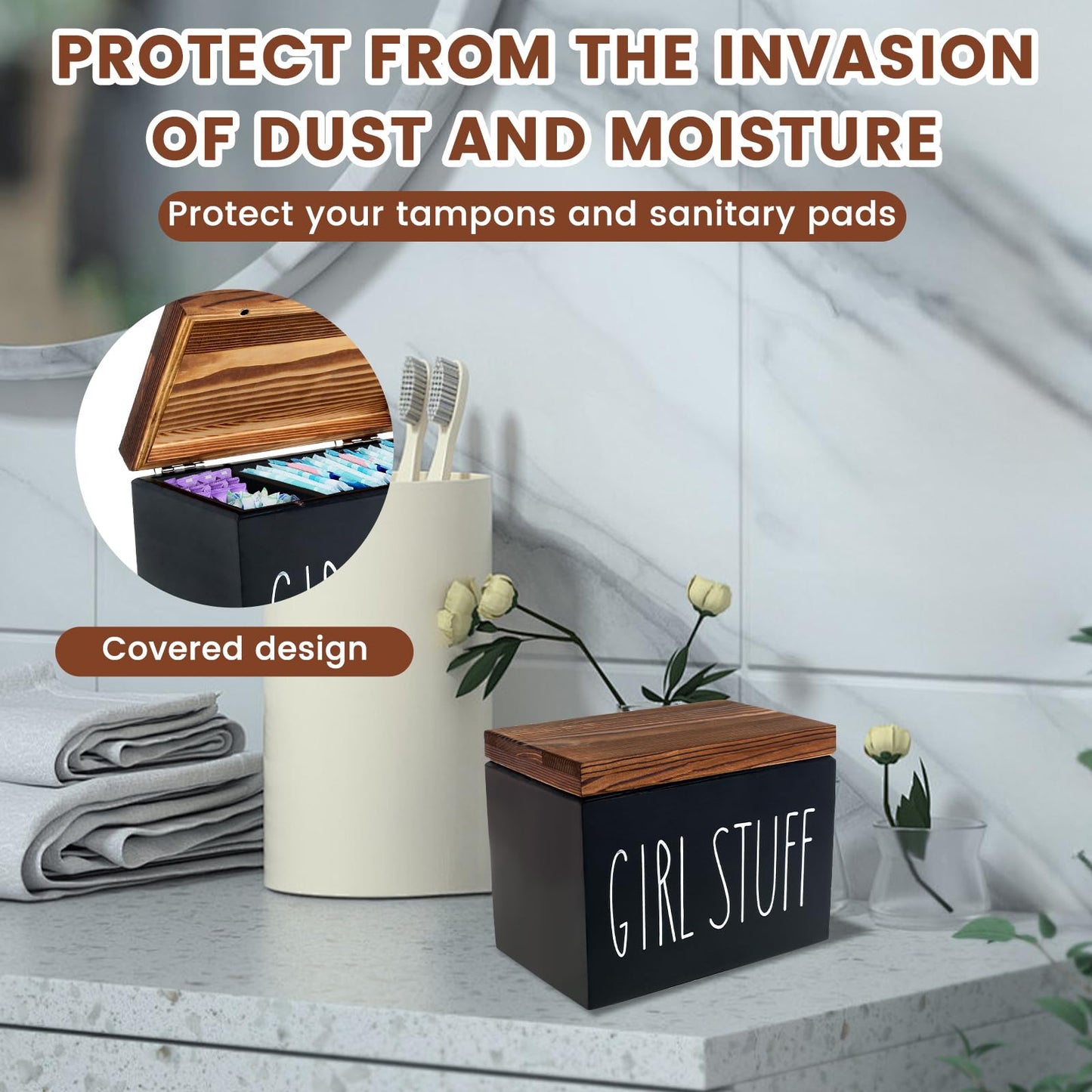 Tampon Holder for Bathroom Versatile Tampon Storage Pad Organizer Wood Period Box Rustic Tampon and Pad Storage Container with Lid Large Capacity