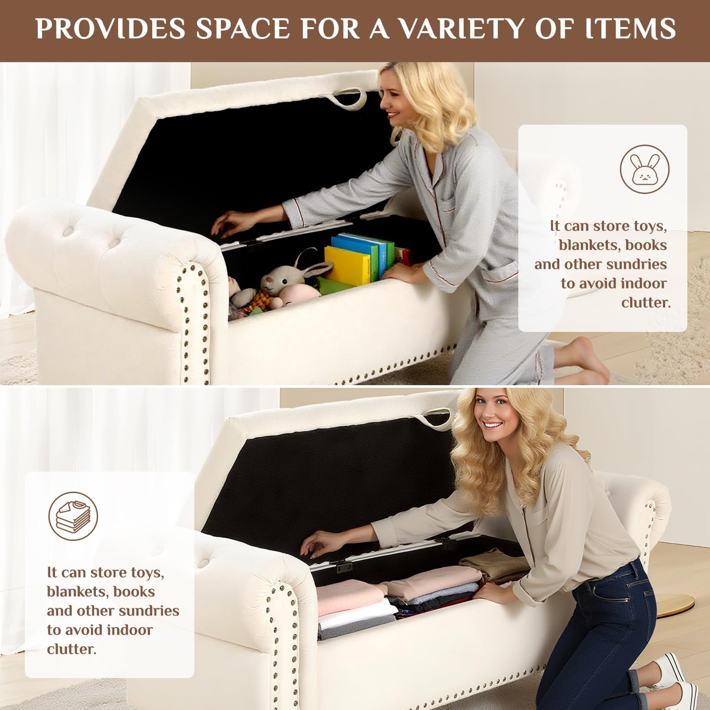 Clevich Ottoman Storage Bench, Velvet End of Bed Storage Box with Lid, Sturdy Wood Legs Footrest, 168KG Load Capacity