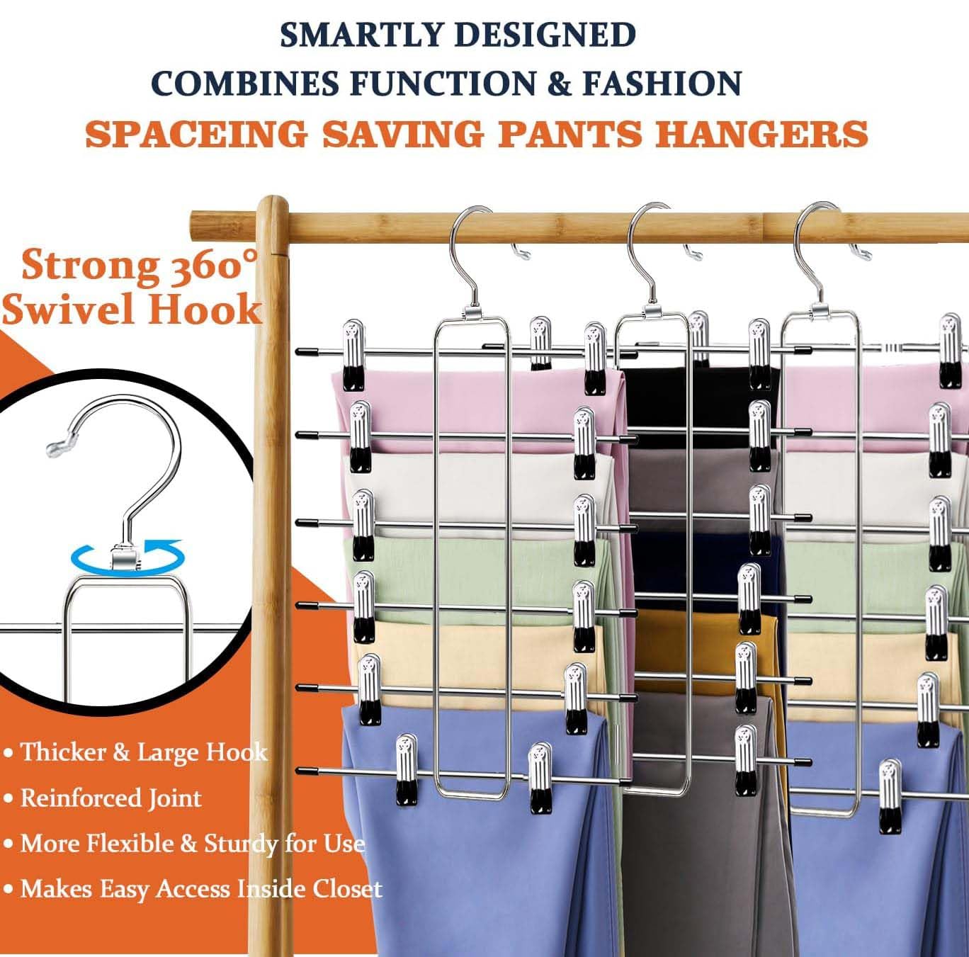 ABCHCHS Pants Hangers with Clips - Space Saving Hanging Closet Organizer and Storage - 6 Tiers Skirt Hangers with 360° Swivel Hook