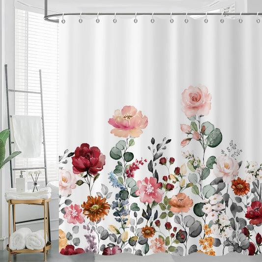 GCIREC Floral Shower Curtain, 180x180cm, Rustic Colorful Floral with Green leaves Wildflowers Waterproof Fabric Machine Washable Bathroom Curtain