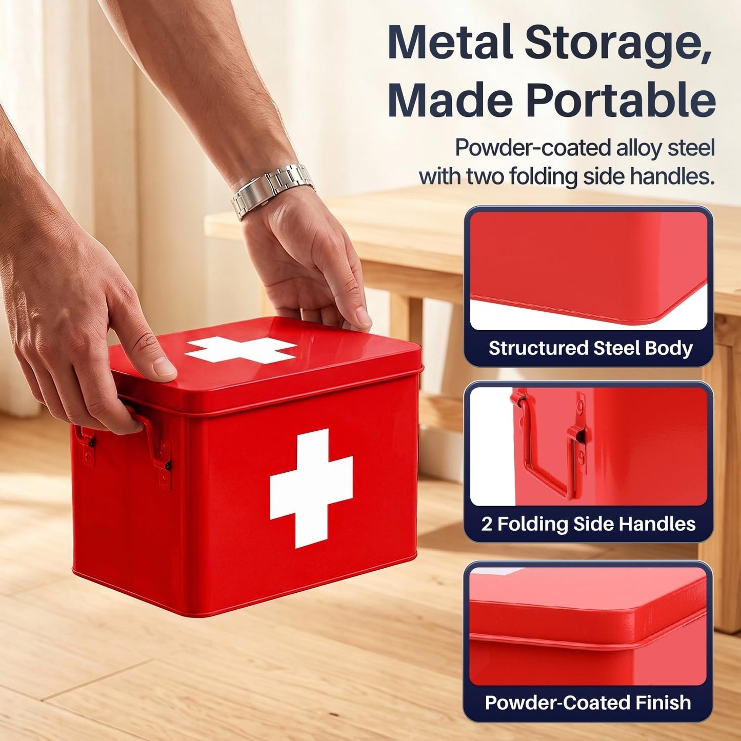 Flexzion Metal First Aid Box Empty, 8.5 Inch Red Vintage First Aid Storage Box, First Aid Tin Container with Dividers, Removable Tray