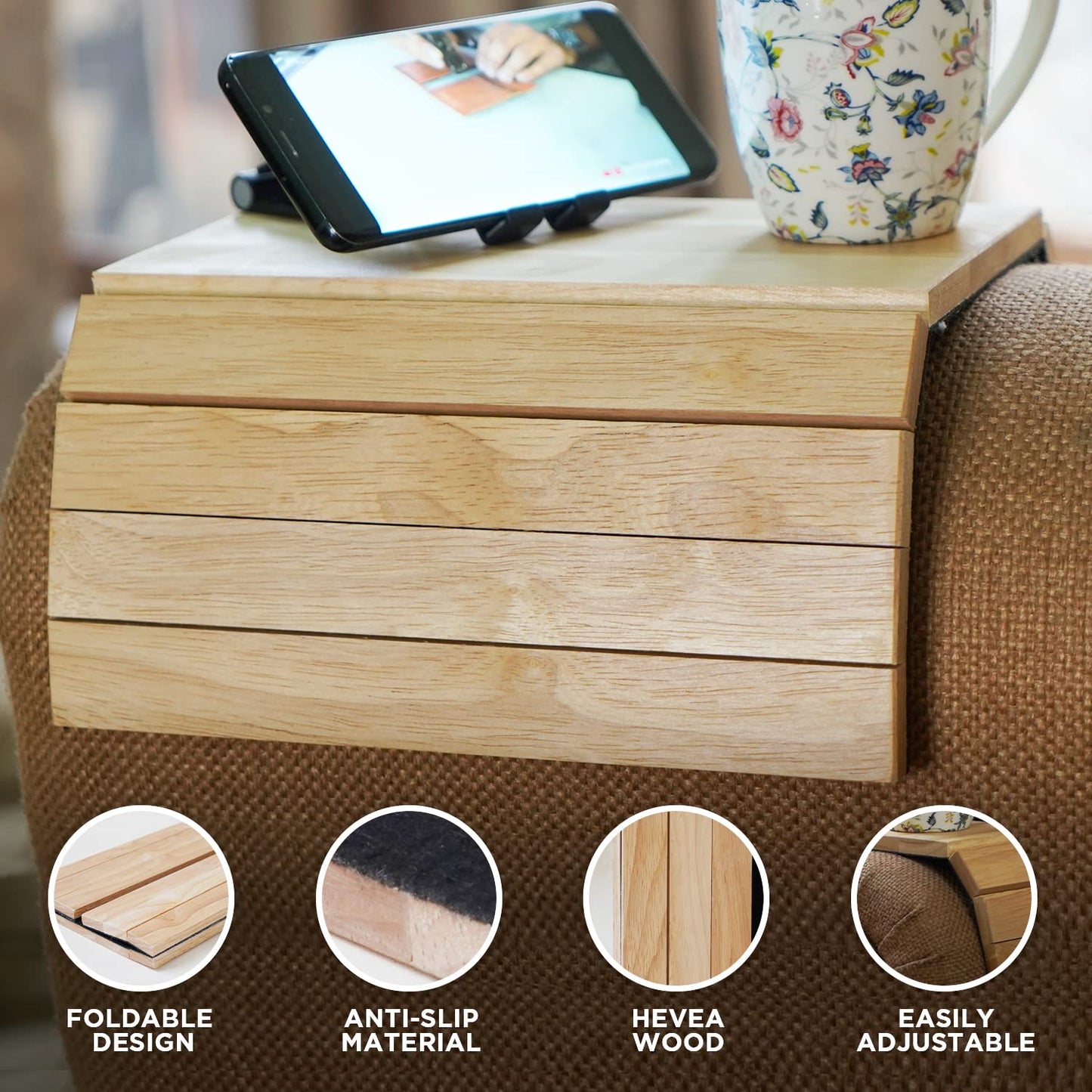 Sofa Arm Tray, Pack of 2 Foldable Couch Tray Wooden Armrest Tray, Sofa Tray & Organiser for Drinks, Snack, Magazine, and Remote (Hevea wood)