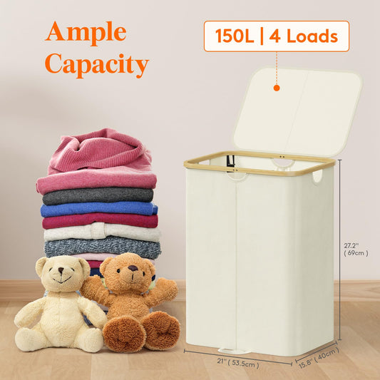 Lifewit Laundry Basket with Lid,Clothes Hampers for Laundry with Bamboo Handles and A Removable Laundry Bag, Large Foldable Laundry Hamper for