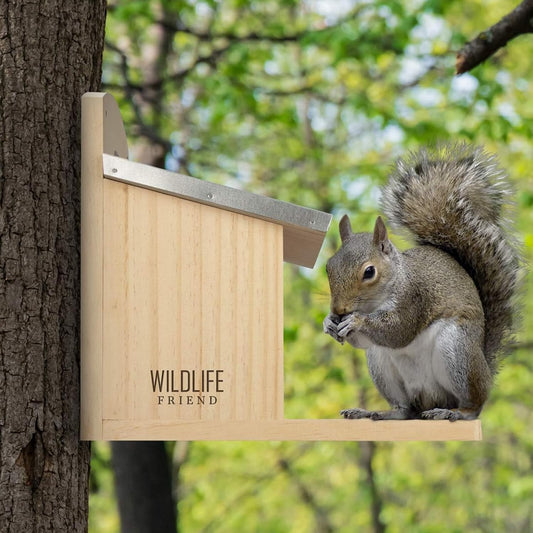 Squirrel Feeder Maxi - Extra Large and Stable - with Metal Roof, Natural Wood with Extra Long Feeding Platform - Hanging Feeding Station, Squirrel
