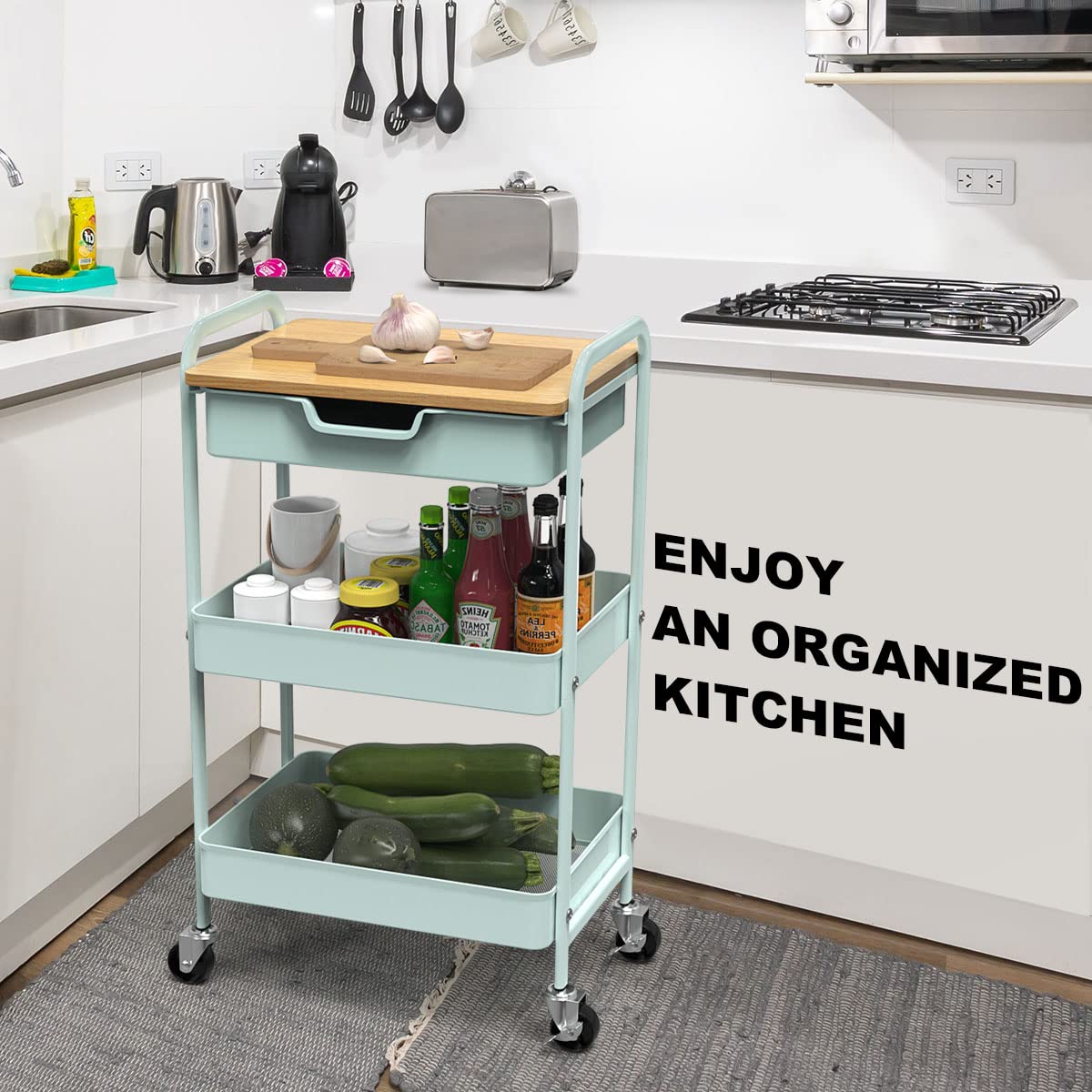 Shrivee 3-Tier Storage Trolley on Wheels and Drawer, All-Purpose Metal Uses Trolley for Office Salon Kitchen Bathroom Office(Green)