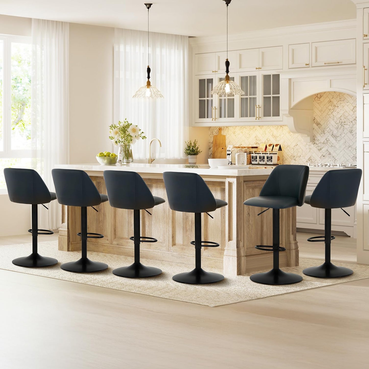 COLAMY Breakfast Bar Stools Set of 2, Modern Swivel Kitchen Stool, Adjustable Upholstered Barstools Counter Height with Square Open Back for Bar