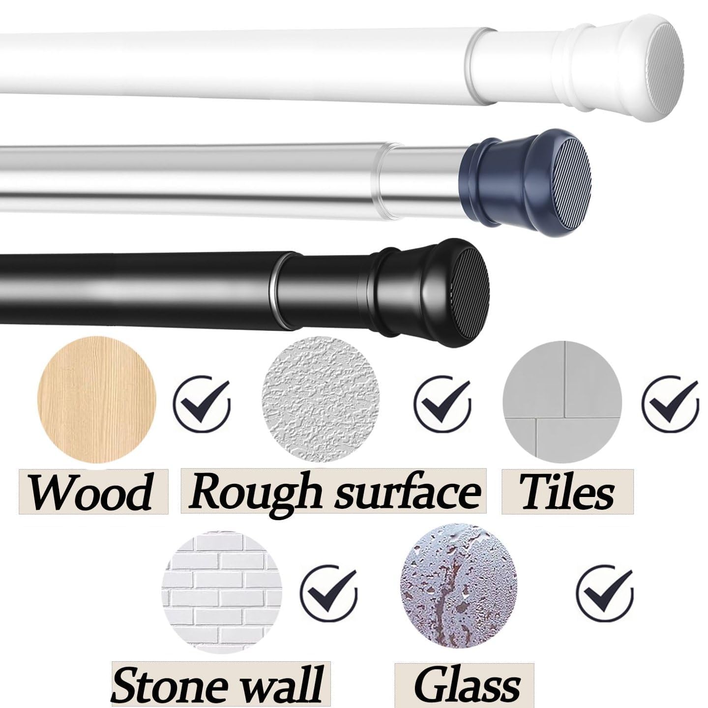Shower Curtain Pole Extendable No Drill Curtain Poles Silver Curtain Rods Extendable Tension Pole For Windows,Bathroom,Wardrobe,Kitchen Closet Door