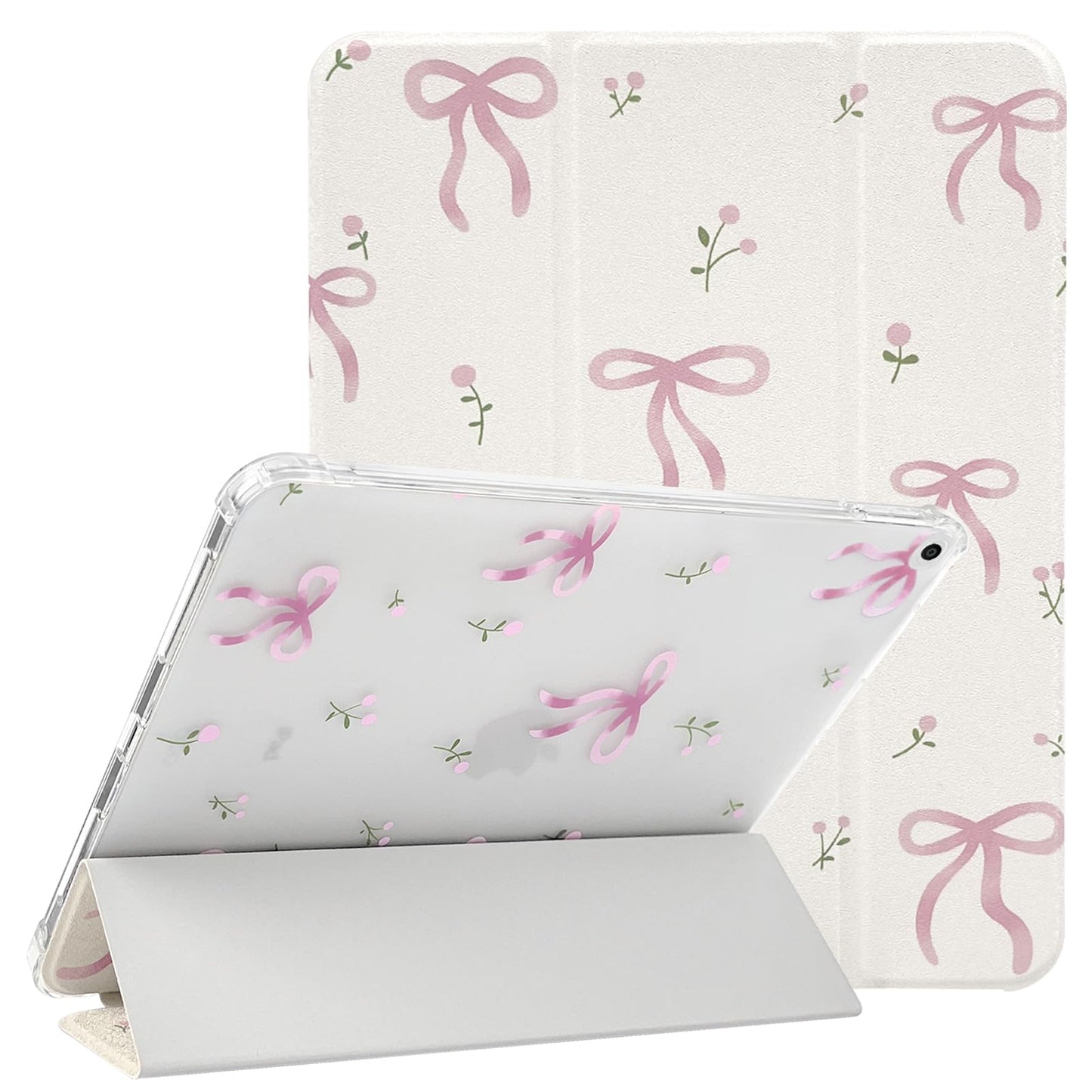 NITITOP Compatible for iPad 9/8/7 (2021/2020/2019 9th/8th/7th Generation 10.2-Inch) Case with Pencil Holder Cute Floral Bow Ribbon Trifold Stand Soft