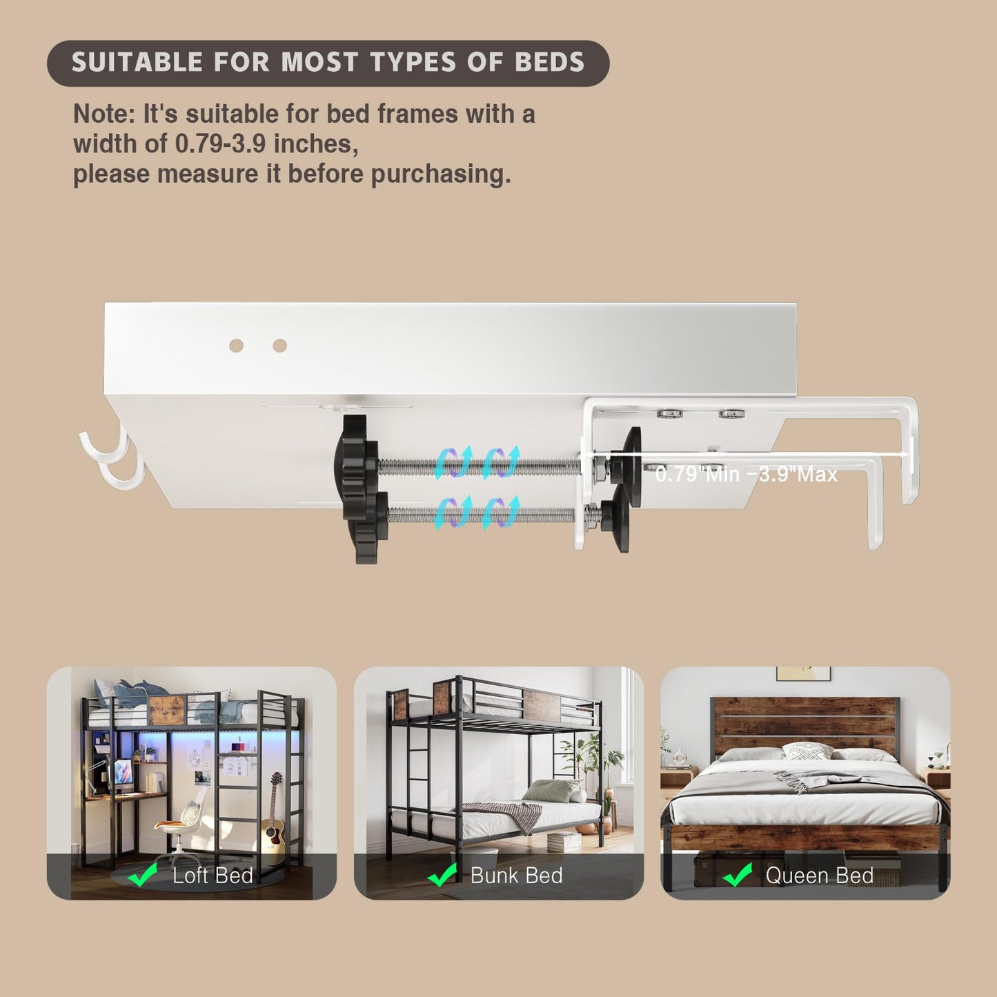 Magheo Bedside Shelf Metal, Clip-On Bunk Bed Shelf for Top Bunk, Heavy Duty Bed Side Table Tray for College Dorm Room Essential
