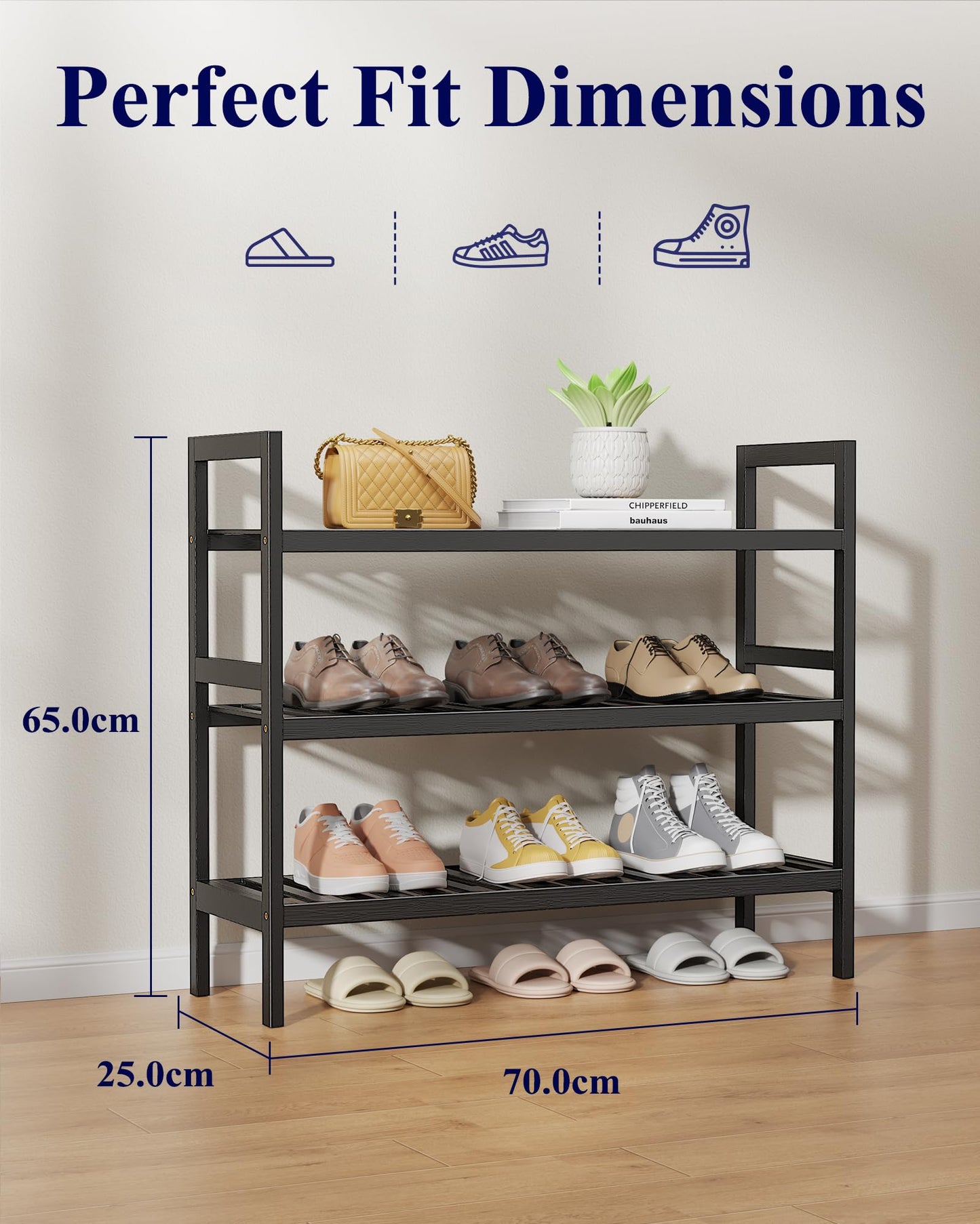 Kitsure Bamboo Shoe Rack – 3-Tier Bamboo Wooden Shoe Rack with Built-in Handle, Easy Assembly Shoe Storage for Entryway, Closet or Bedroom