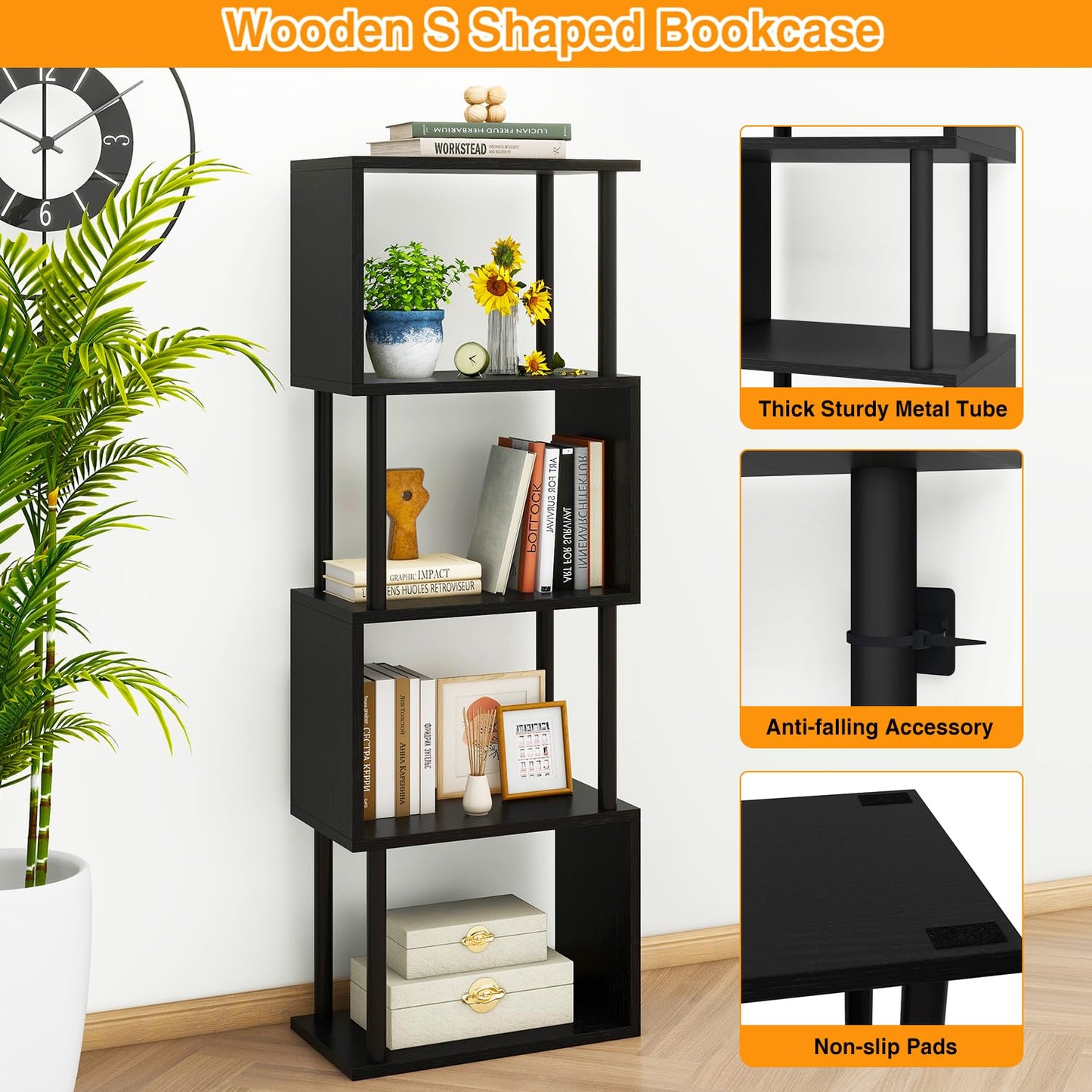 IBUYKE 5-Tier Tall Bookshelf,S-Shaped Geometric Bookcase,Black WBC015B