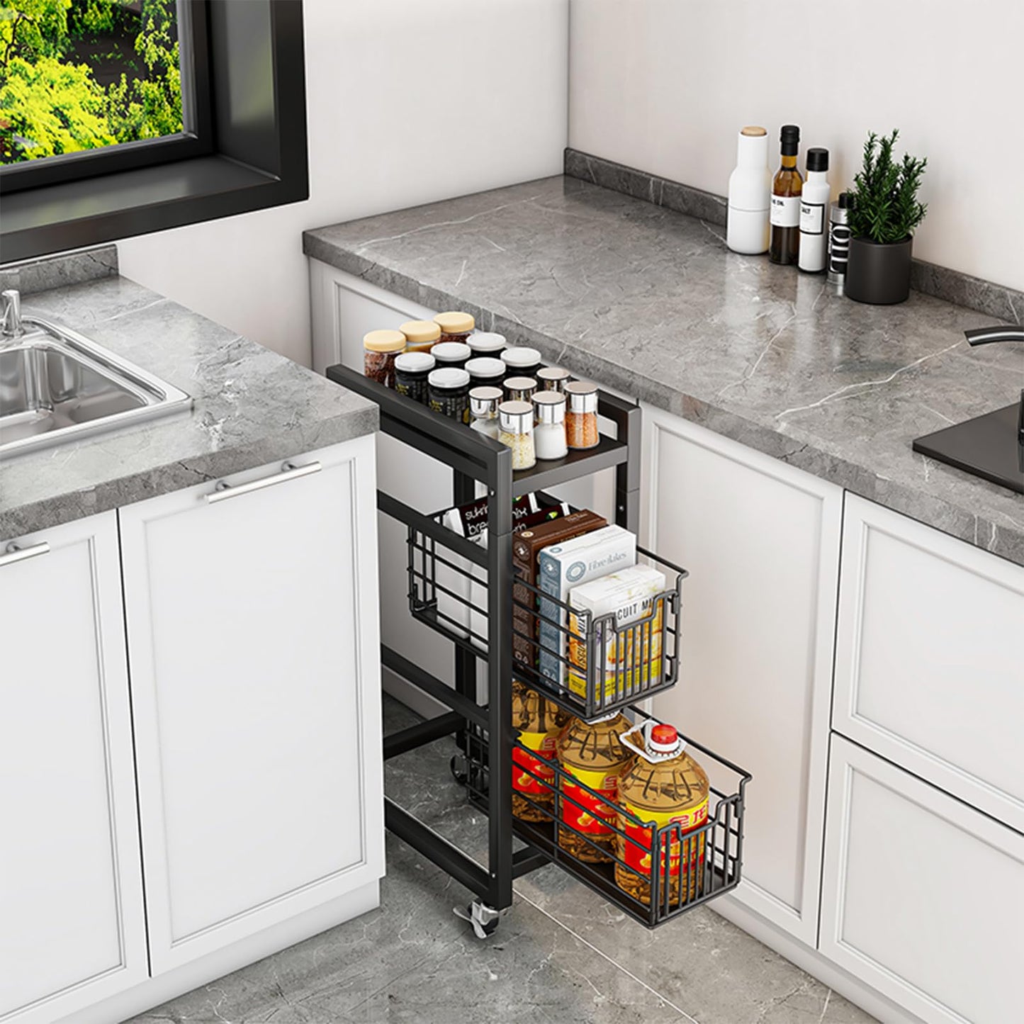 5-Tier Pull-Out Storage Organizer Rolling Utility Cart - Universal Metal Craft Shelf Trolley for Home Kitchen Bathroom Bedroom Office Classroom