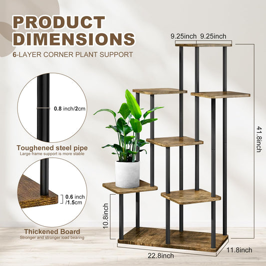 YOCOMEY Wood Tall Plant Stand Metal Rack Indoor, Multiple Flower Pot Holder Shelves Corner Rack, Planter Shelf Display Rack Storage Organizer for