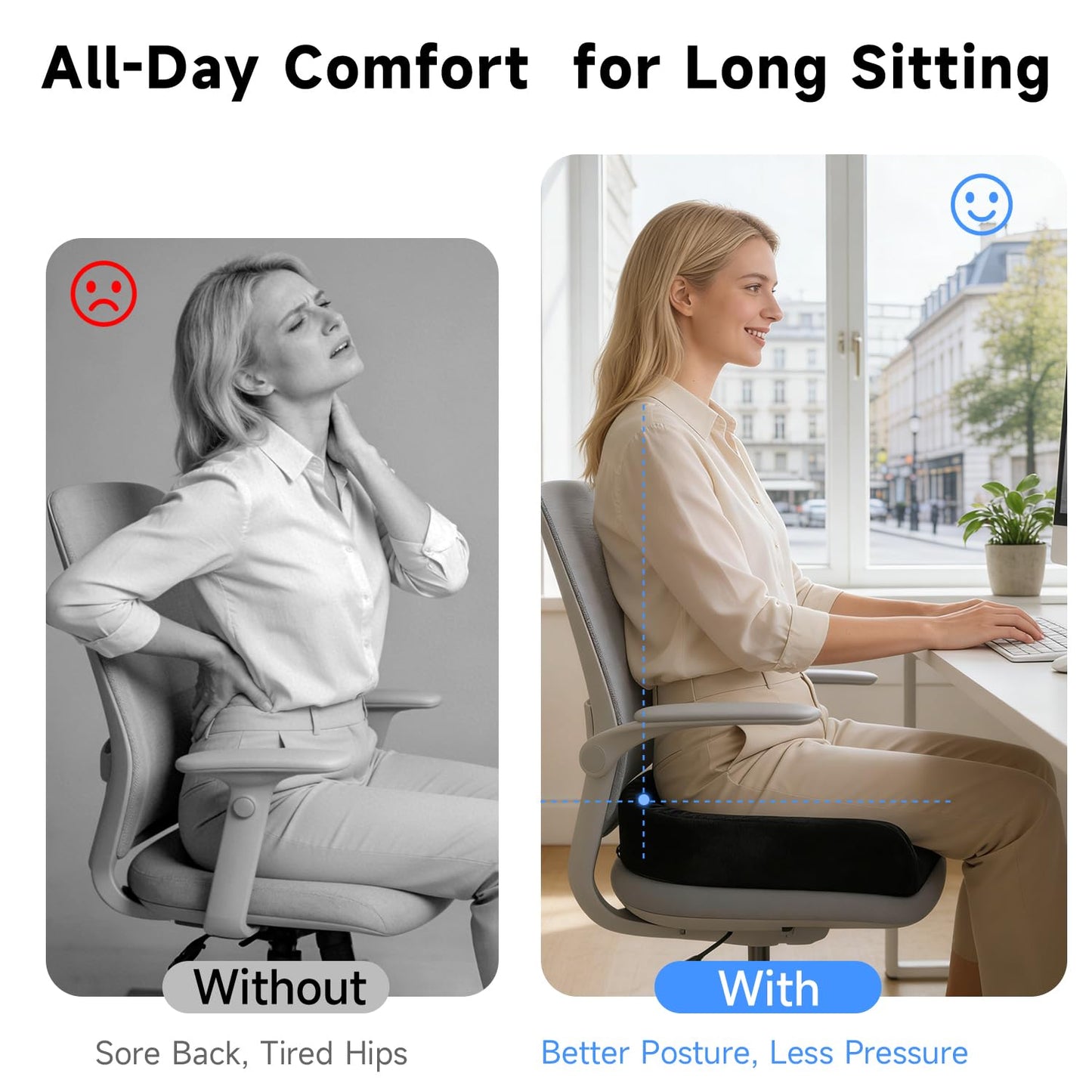 SKYNY Memory Foam Seat Cushion for Office Chair, Contoured Sitting Cushion with Breathable Centre Hole, Thick Chair Pad for Desk Chair
