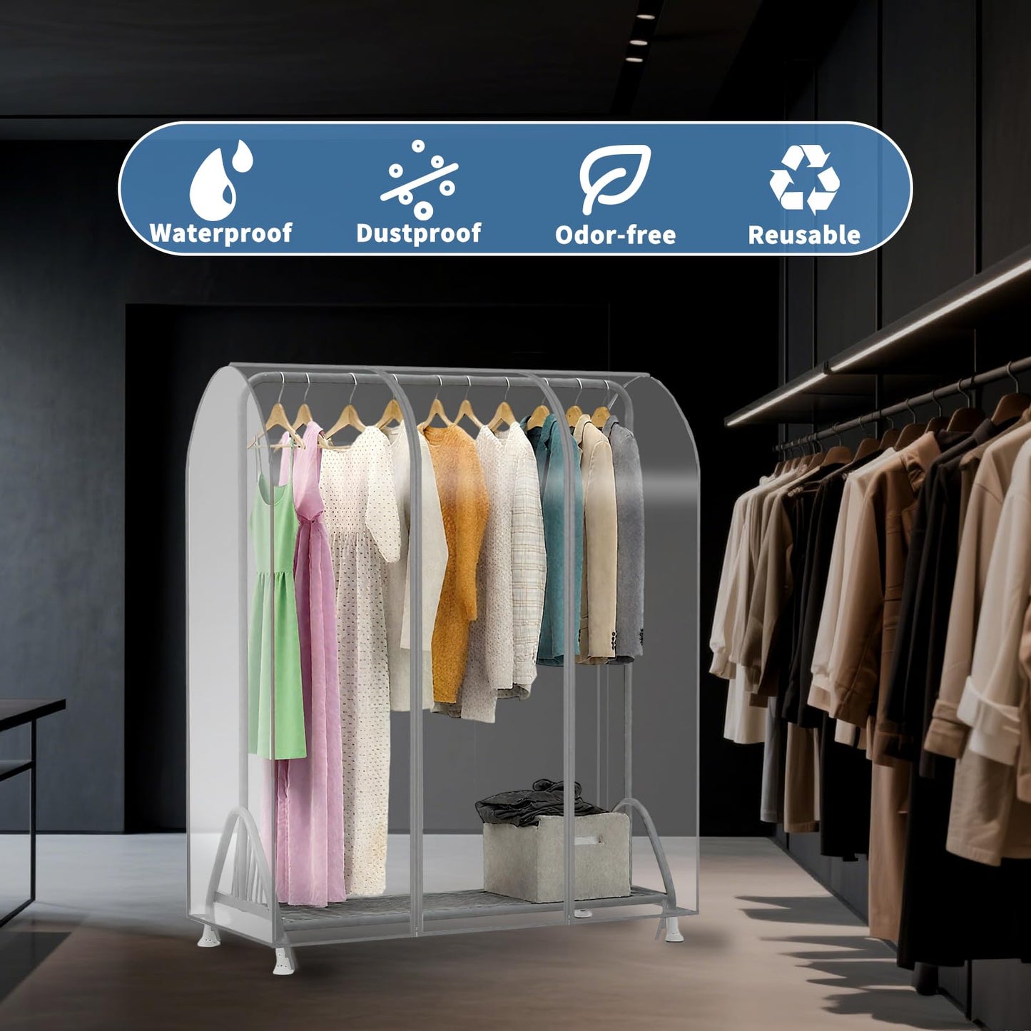 DecacnX Transparent Clothes Rail Cover 4FT Dustproof Breathable Garment Rail Cover Double Protective Zip for Easy Access