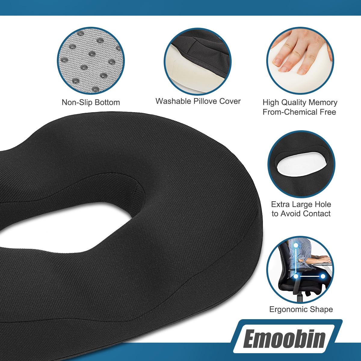 Emoobin Donut Pillow Memory Foam Seat Cushion for Office Chair, Car Seat and Wheelchair, 18 Inches Black