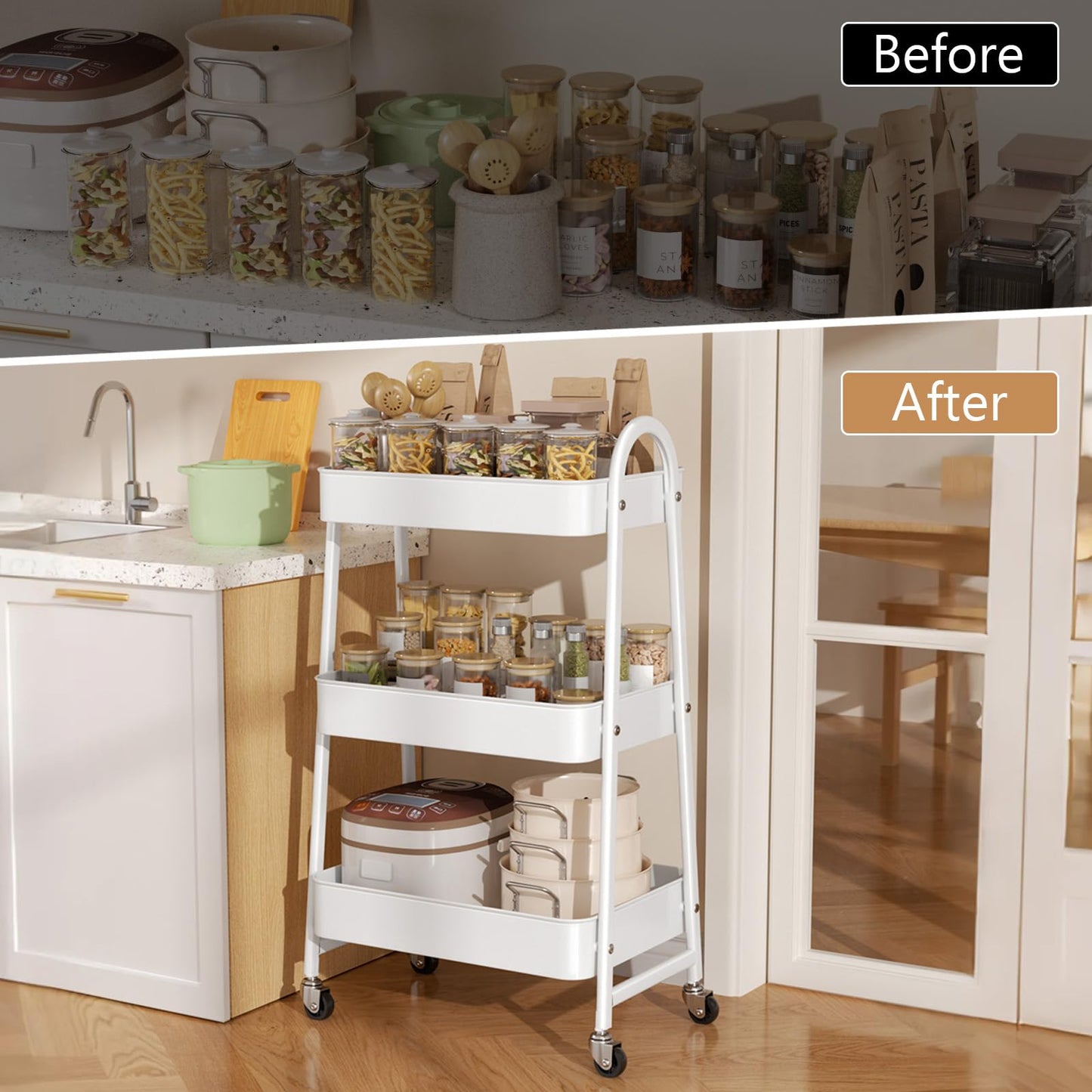 StowBin 3 Tier Metal Storage Trolley with Wheels – Rolling Utility Cart with Handle and Mesh Shelves for Kitchen, Bathroom, Office – White