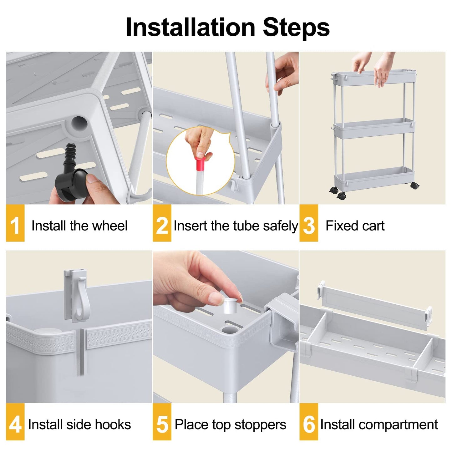 SAKA Slim Storage Cart,4 Tier Bathroom Rolling Utility Cart Storage Organizer Slide Out Cart