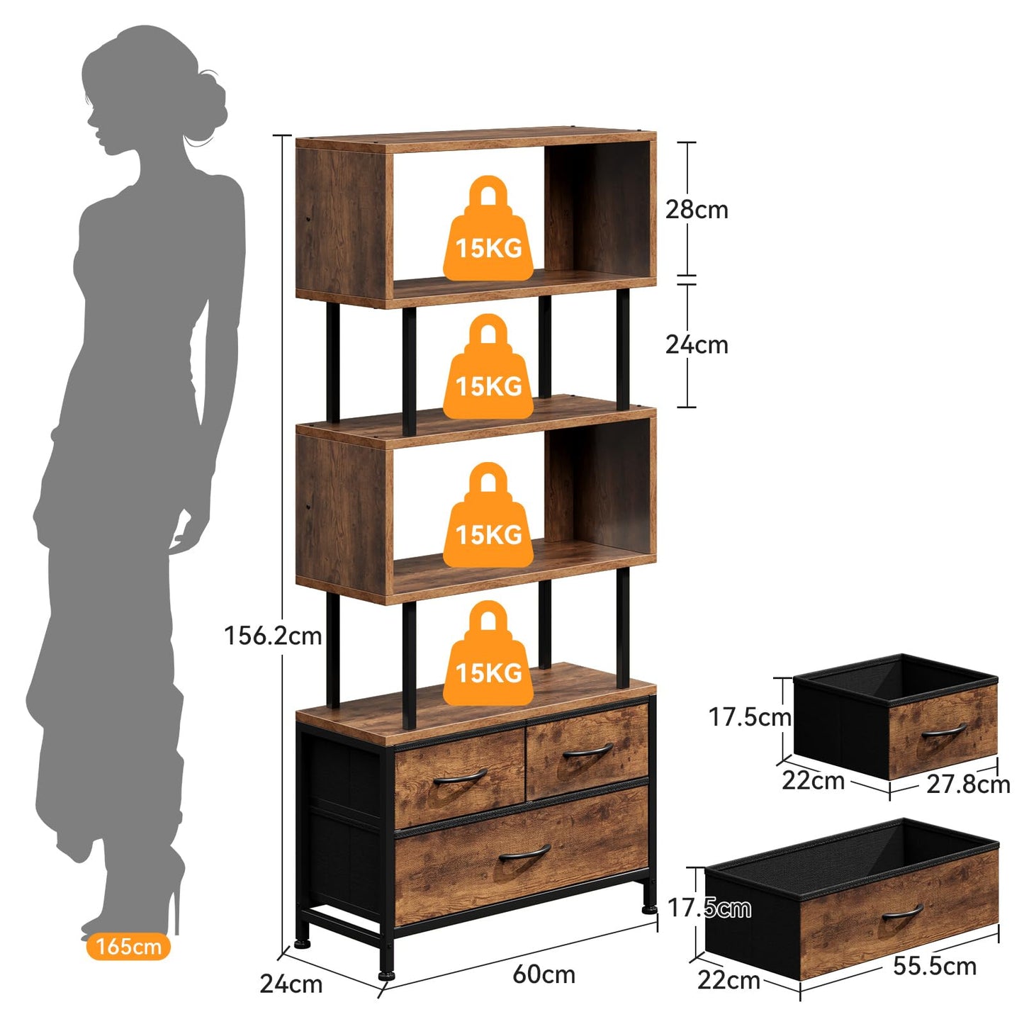 Coleshome 5-Shelf Bookcase With 3 Fabric Drawers, 60 x 24 x 155cm, Vintage
