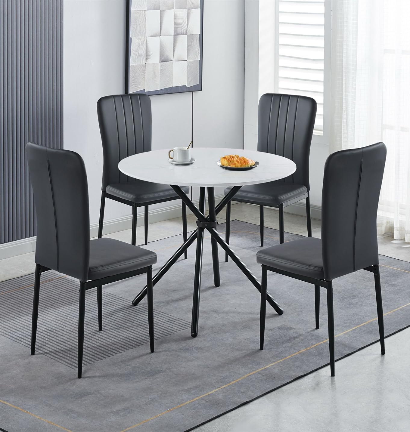 Hallowood Furniture Cullompton Round Table and Chairs Set 4, White Marble Effect Round Dining Table with Chairs in Black Faux Leather Seats, 4 Seater