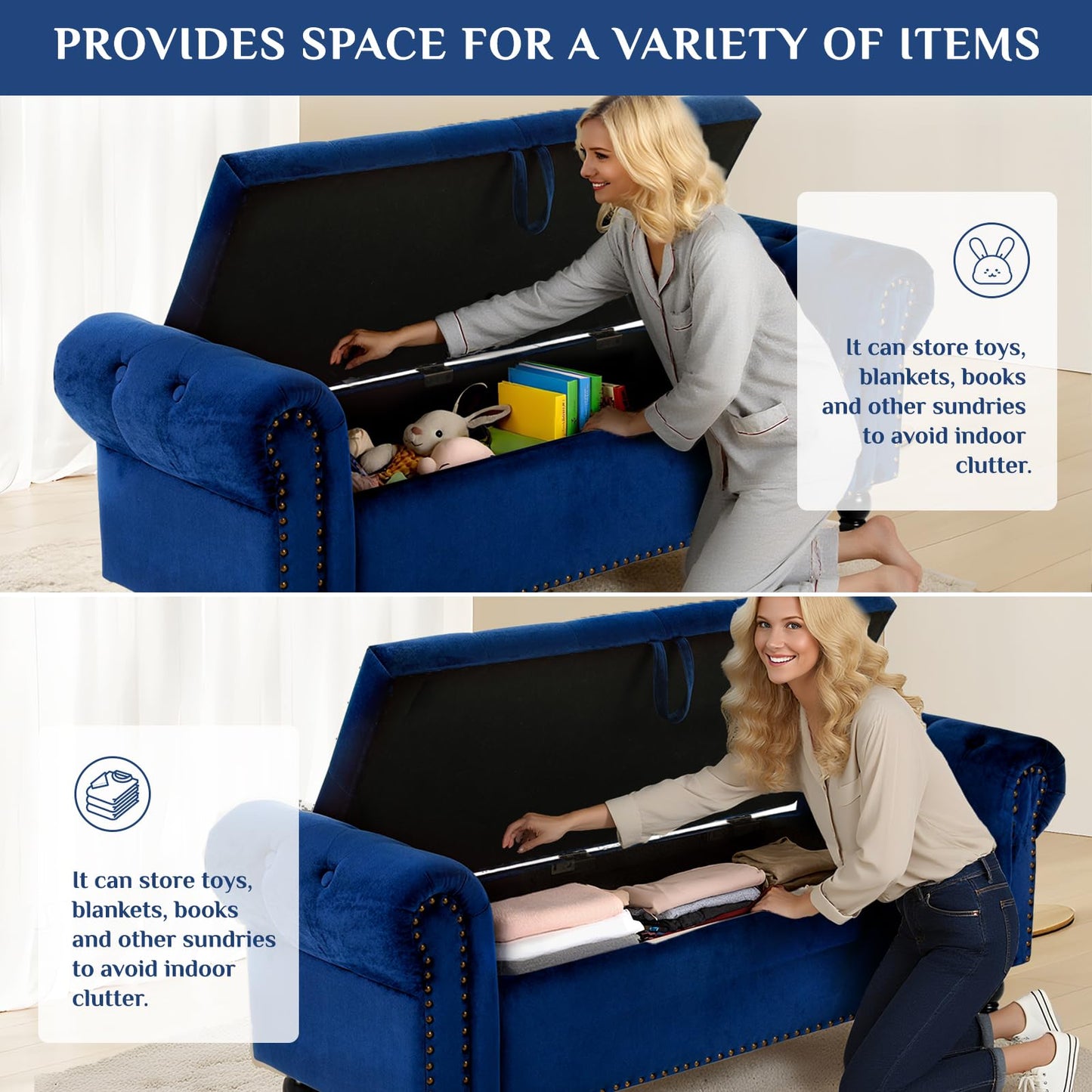 Clevich Ottoman Storage Bench, Velvet End of Bed Storage Box with Lid, Sturdy Wood Legs Footrest, 168KG Load Capacity