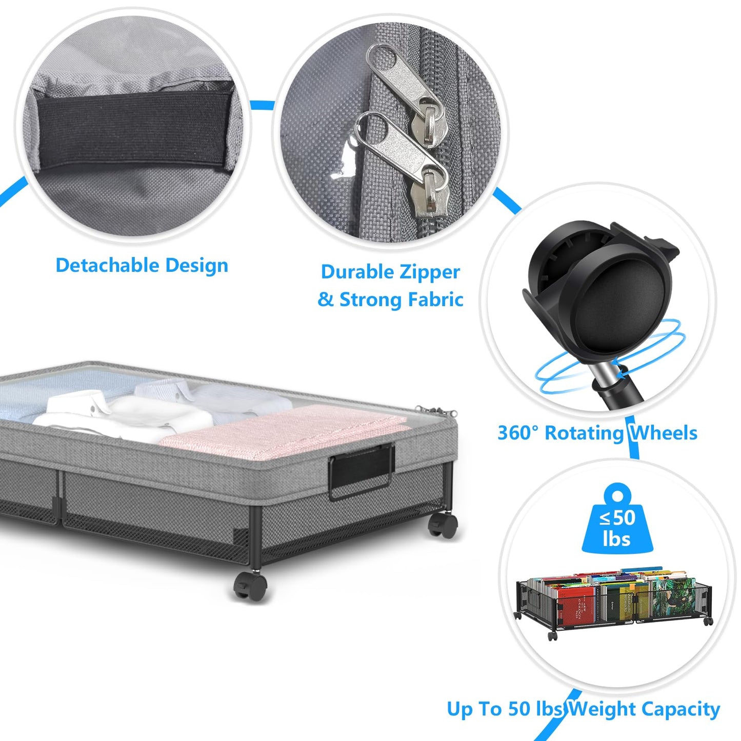 VyGrow Metal Under Bed Storage Containers 2Pack, Rectangular with Wheels & Removable Dust Bags, 24"L x 15.8"W x 5.9"H, 26L Capacity Each