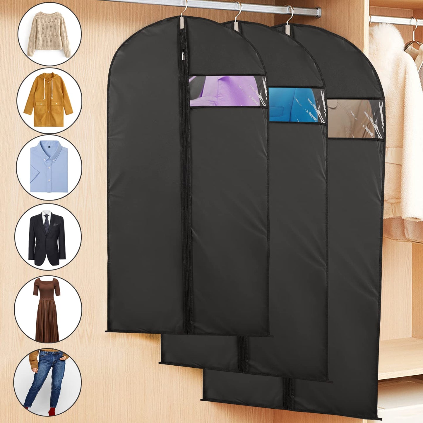 Niviy Suit Bags 60 x 100 cm, Black Garment Covers with Zip & Clear Window