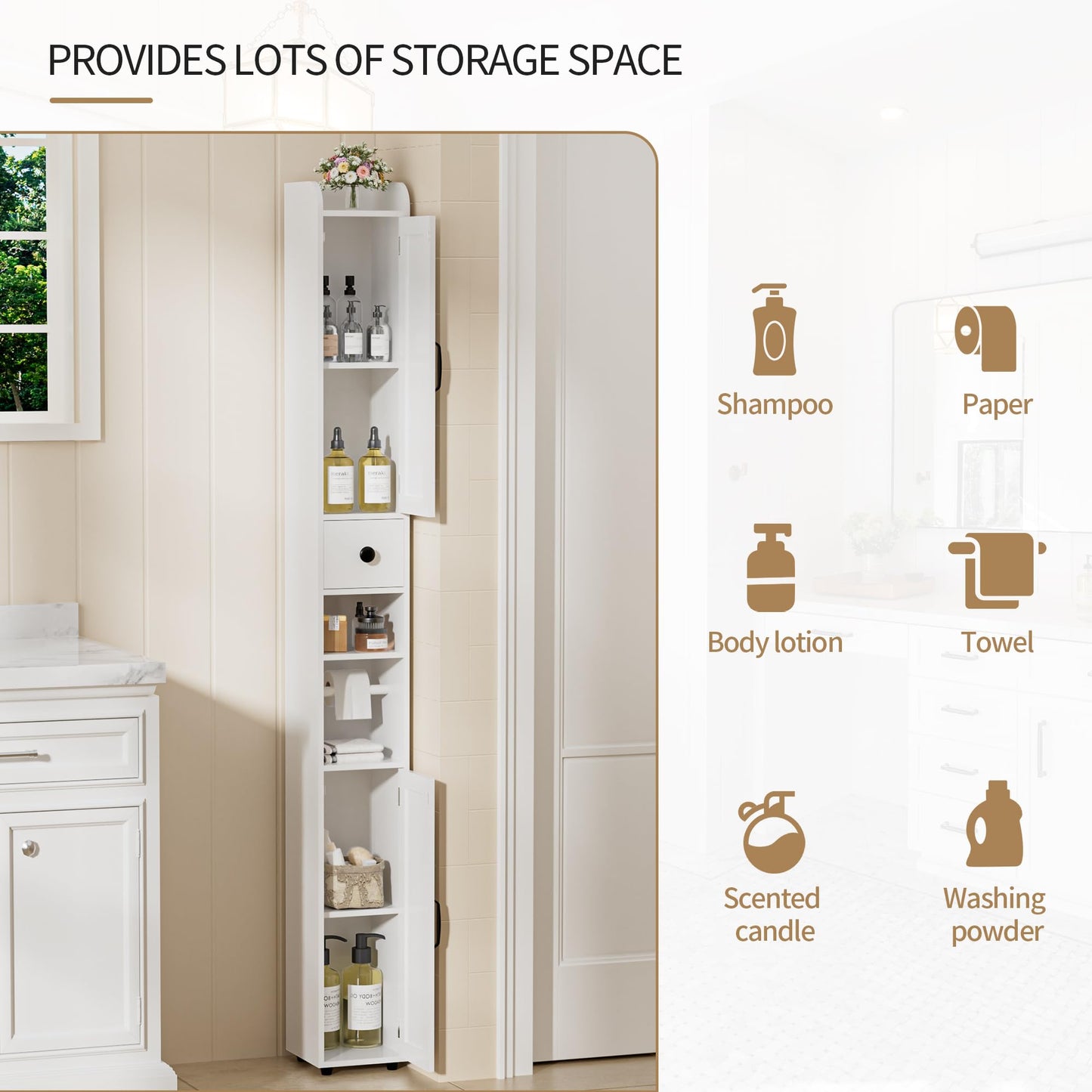 BonVache Tall Bathroom Storage Cabinet, Slim Storage Unit with Adjustable Shelves, Bathroom Shelves Cupboard for Kitchen Hallway Living Room Bedroom